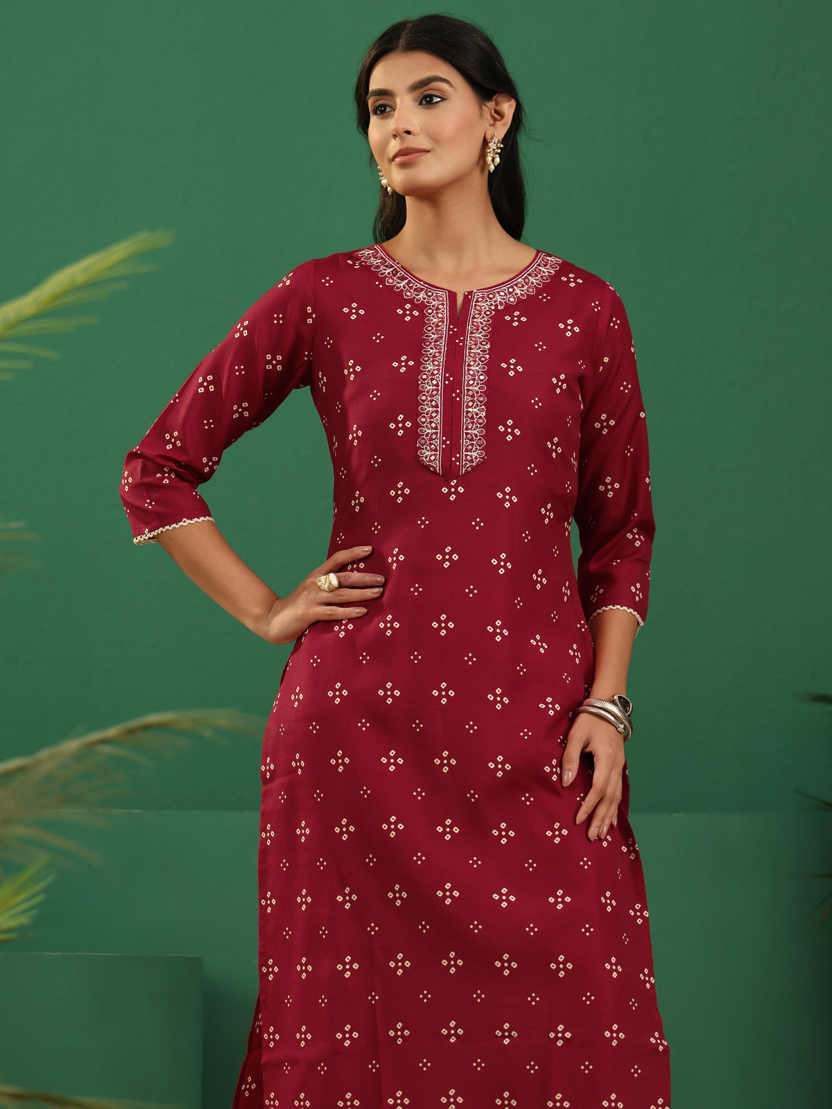 Anouk Crimson Red Bandhani Cotton Blend Straight Suit Set