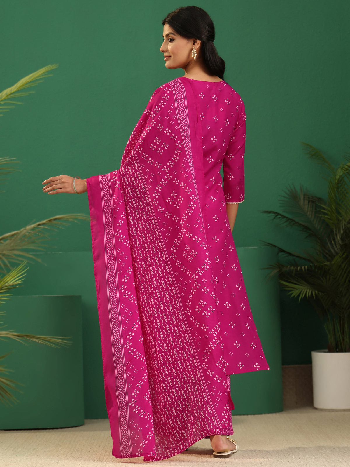Anouk Magenta Pink Bandhani Cotton Blend Straight Suit Set