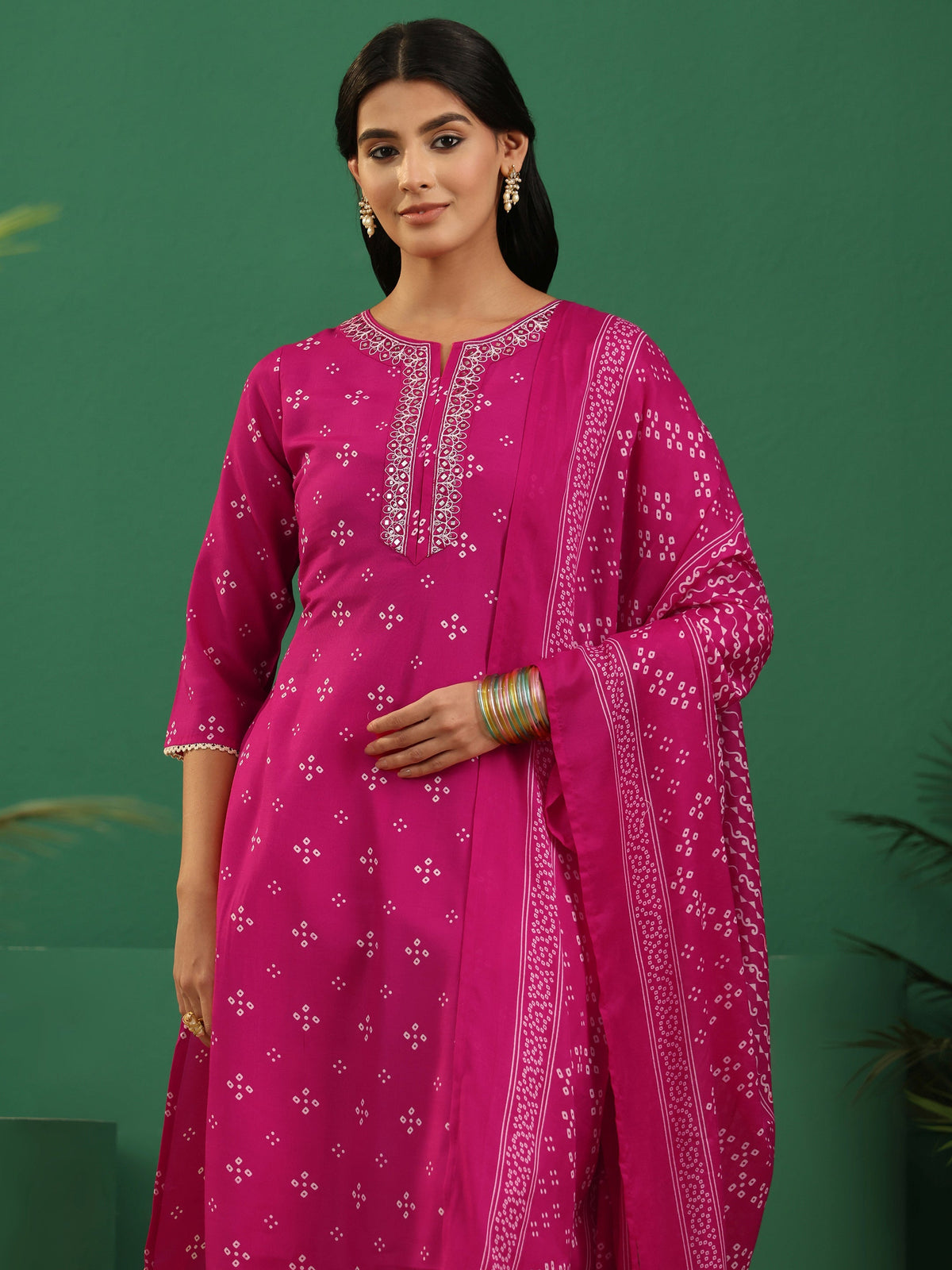 Anouk Magenta Pink Bandhani Cotton Blend Straight Suit Set