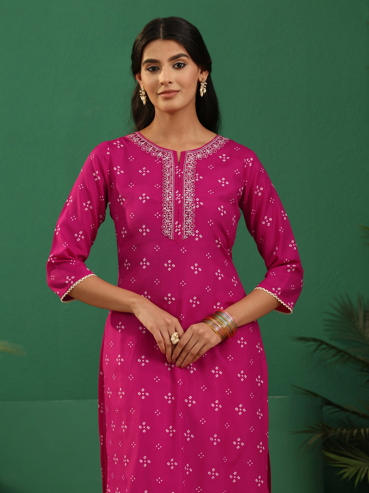 Anouk Magenta Pink Bandhani Cotton Blend Straight Suit Set