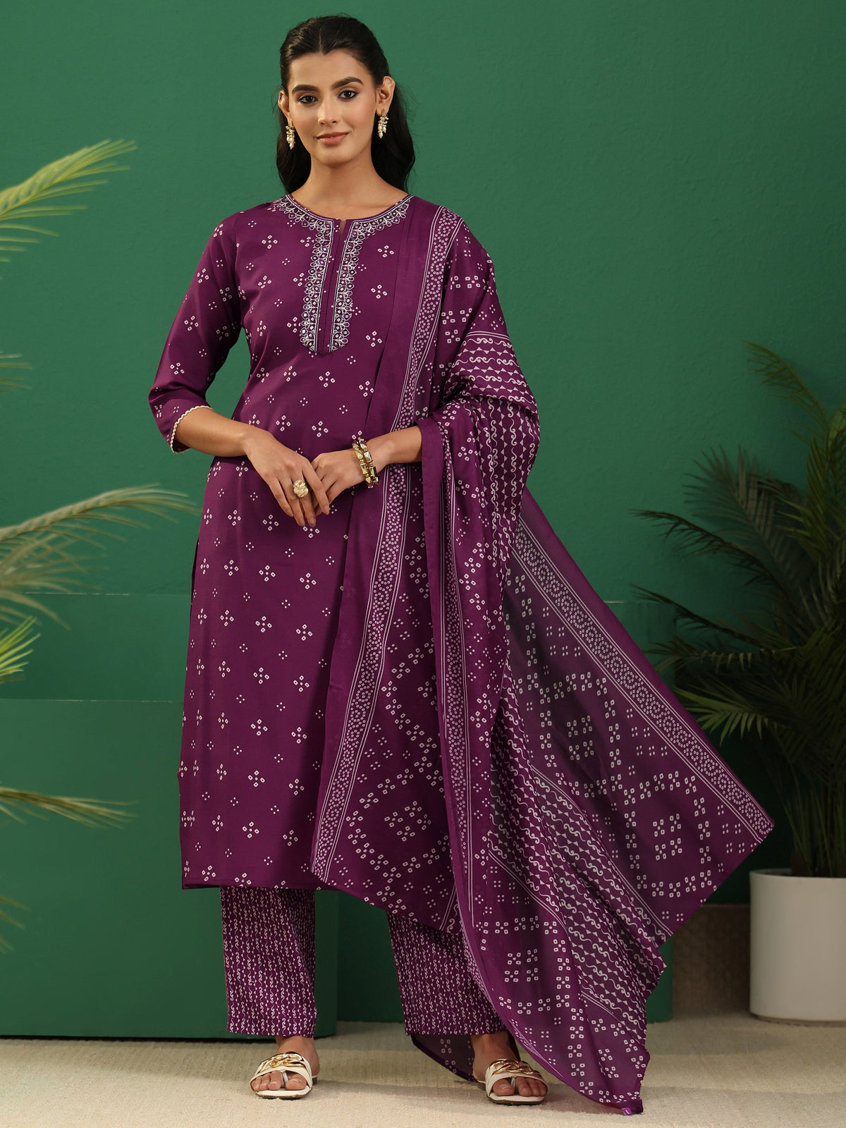 Anouk Plum Purple Bandhani Printed Cotton Blend Straight Suit Set