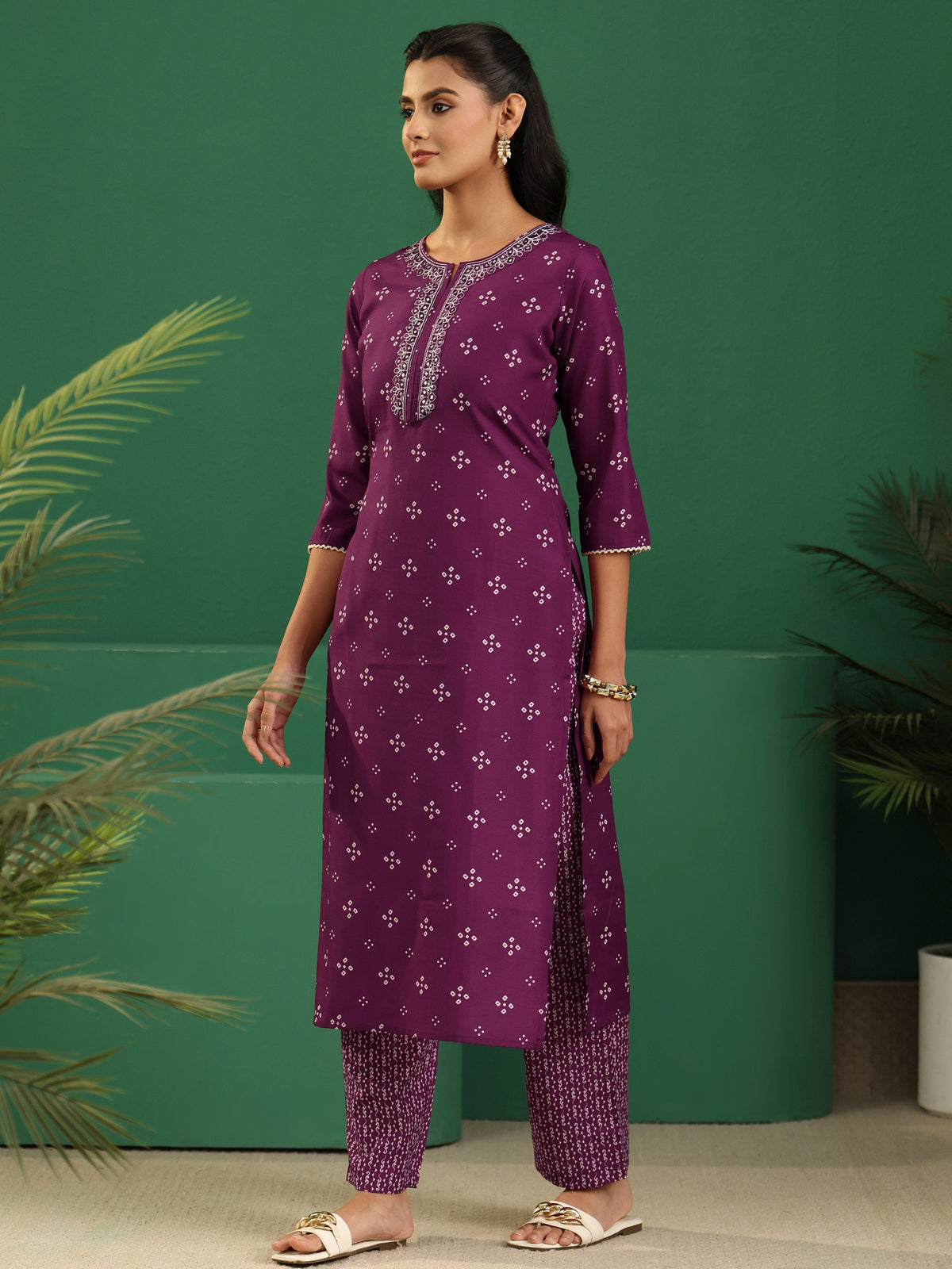 Anouk Plum Purple Bandhani Printed Cotton Blend Straight Suit Set