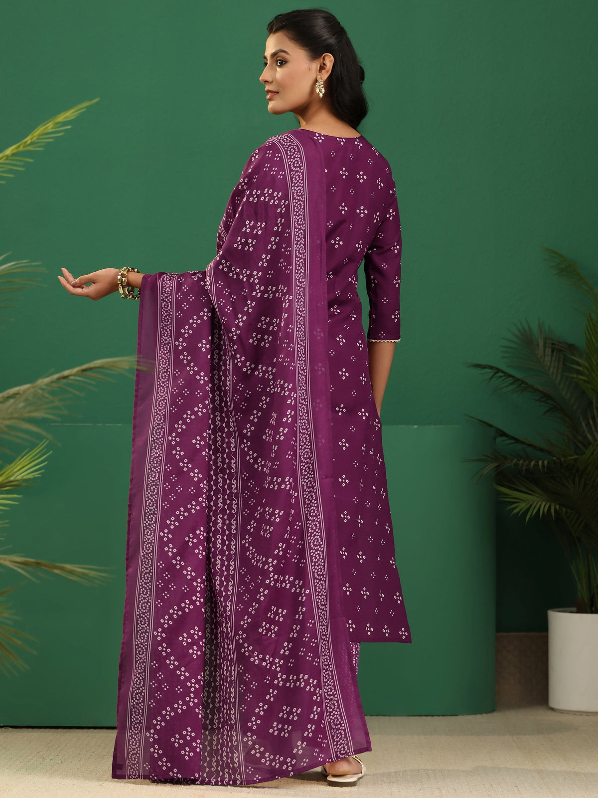 Anouk Plum Purple Bandhani Printed Cotton Blend Straight Suit Set