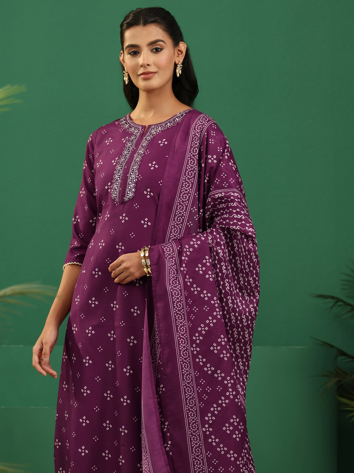 Anouk Plum Purple Bandhani Printed Cotton Blend Straight Suit Set