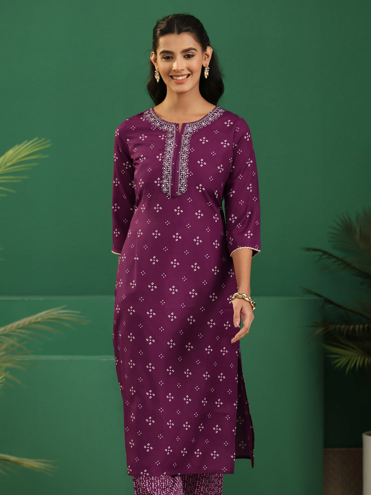 Anouk Plum Purple Bandhani Printed Cotton Blend Straight Suit Set