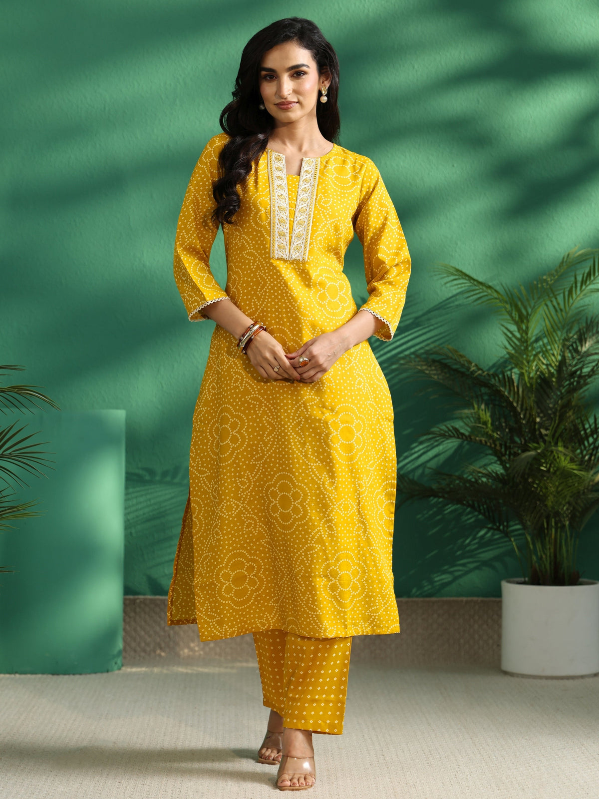 Anouk Mustard Bandhani Cotton Blend A-Line Kurta Set
