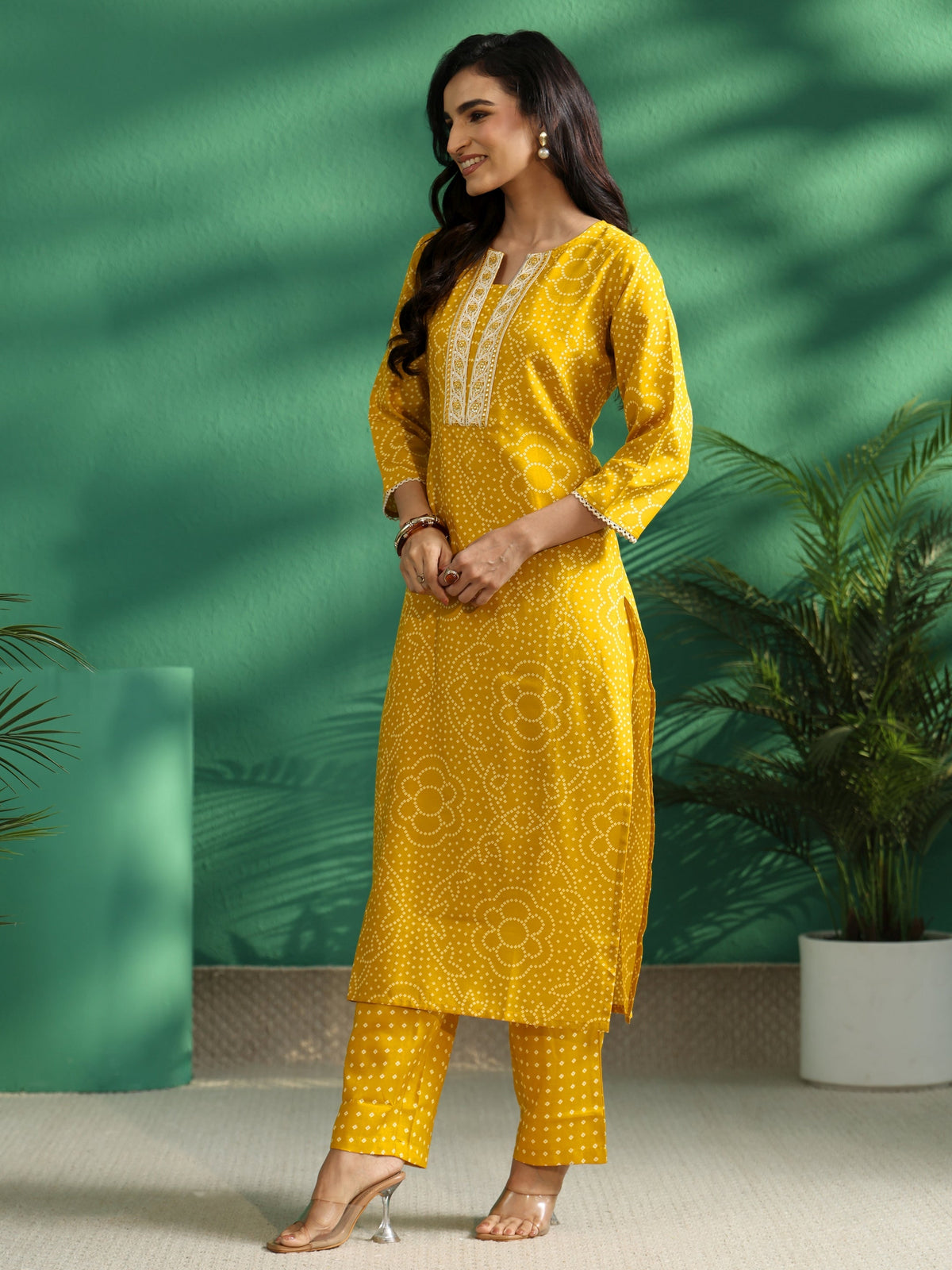 Anouk Mustard Bandhani Cotton Blend A-Line Kurta Set