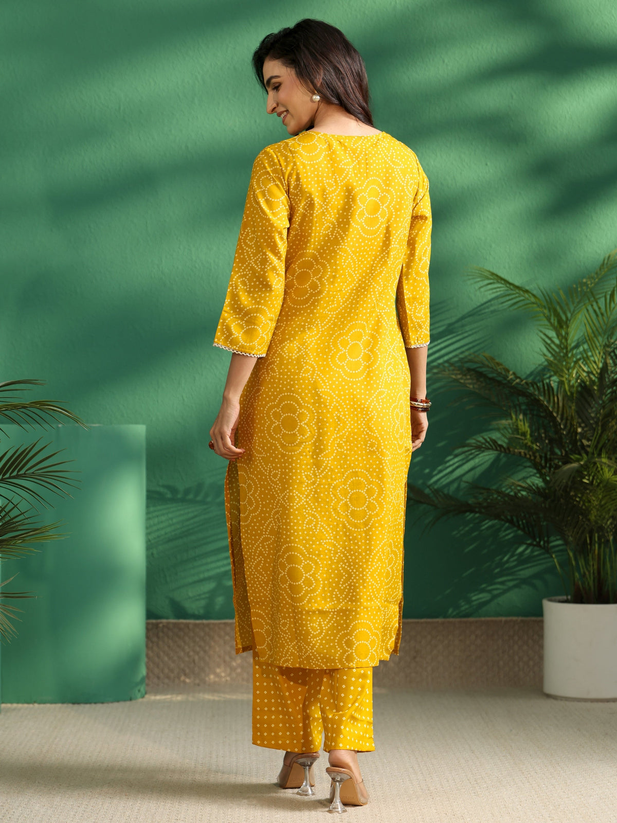Anouk Mustard Bandhani Cotton Blend A-Line Kurta Set