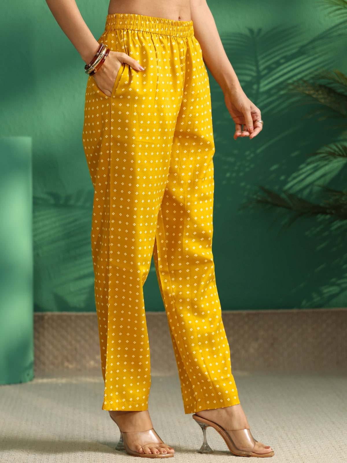 Anouk Mustard Bandhani Cotton Blend A-Line Kurta Set