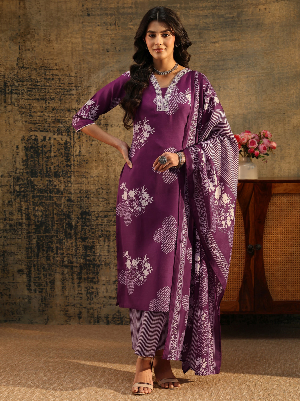 Anouk Burgundy Bandhani Cotton Blend Straight Suit Set
