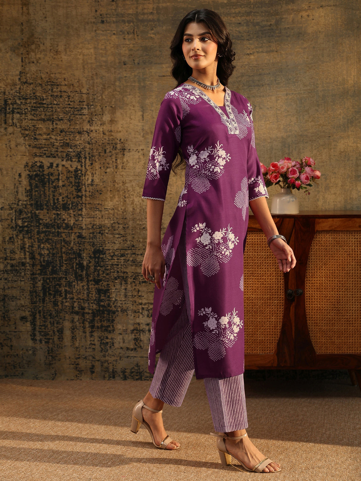 Anouk Burgundy Bandhani Cotton Blend Straight Suit Set