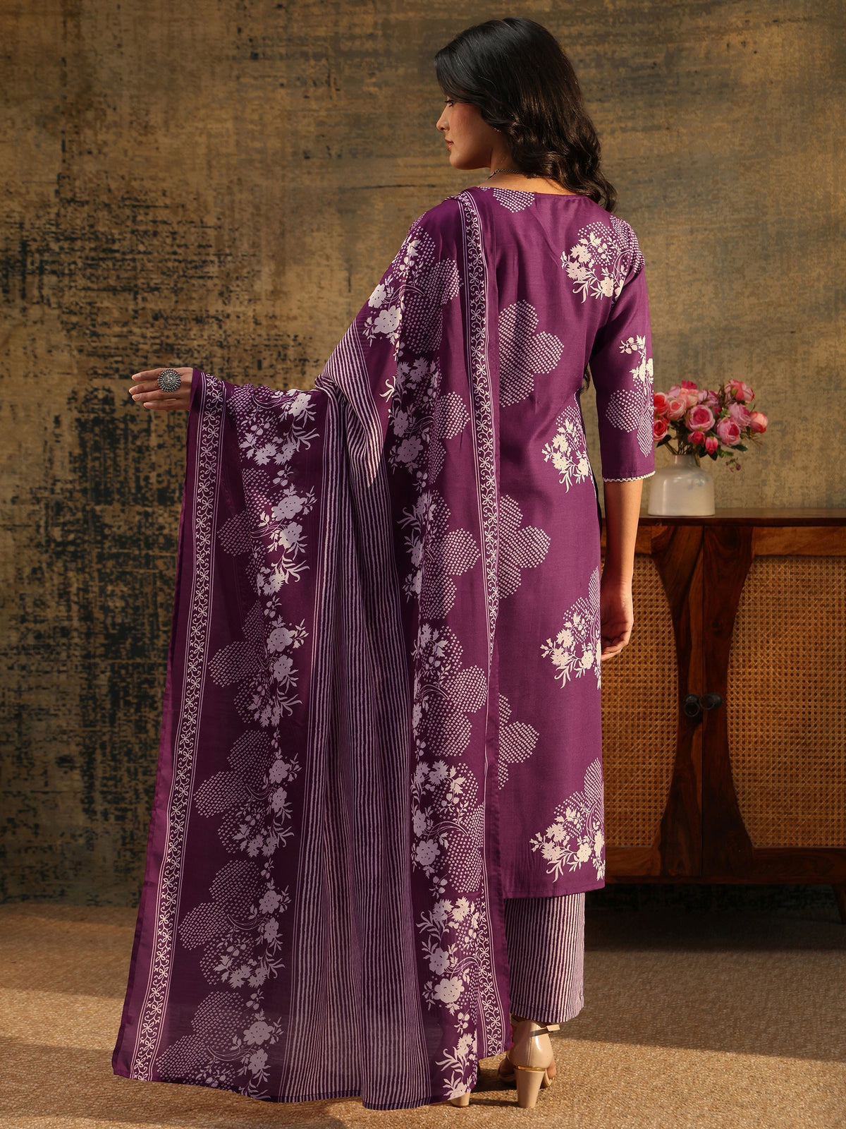 Anouk Burgundy Bandhani Cotton Blend Straight Suit Set