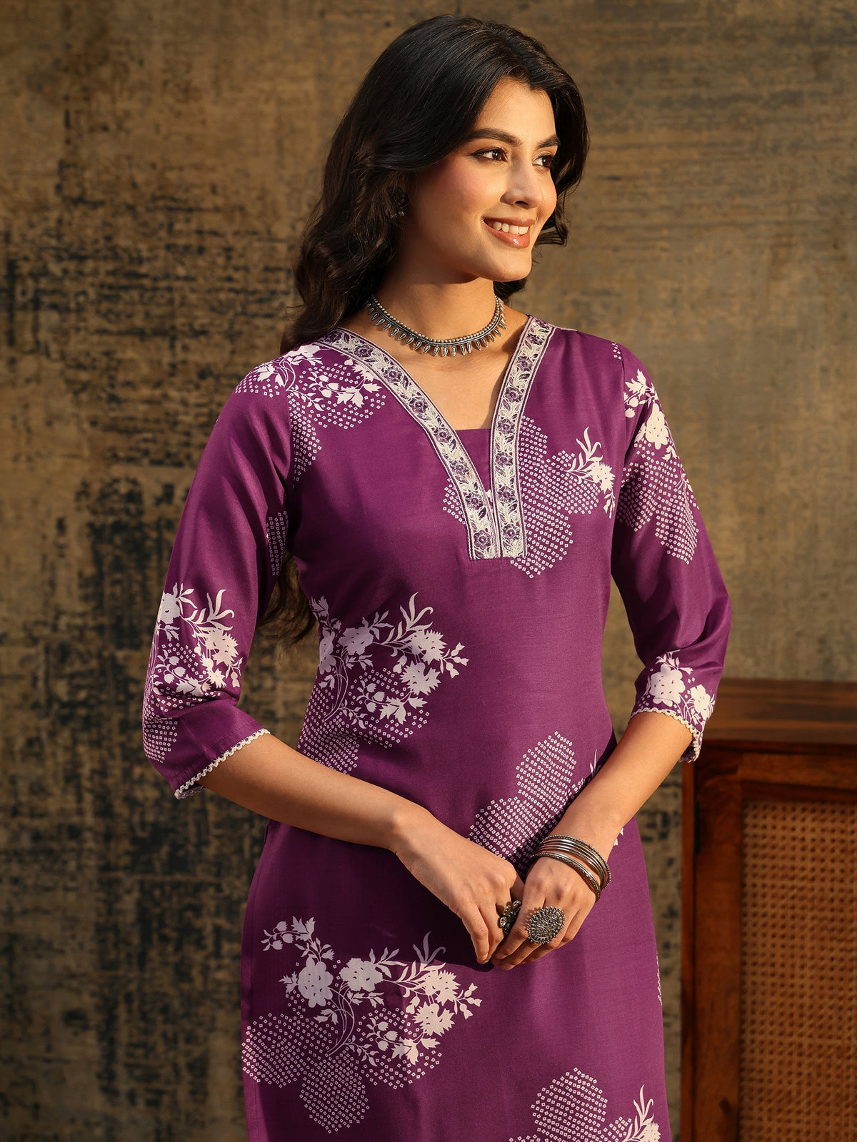Anouk Burgundy Bandhani Cotton Blend Straight Suit Set