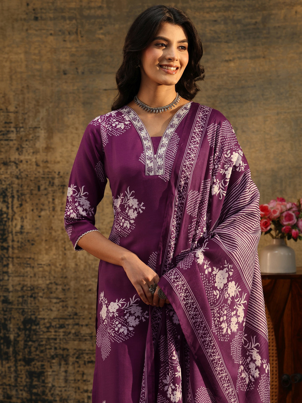 Anouk Burgundy Bandhani Cotton Blend Straight Suit Set