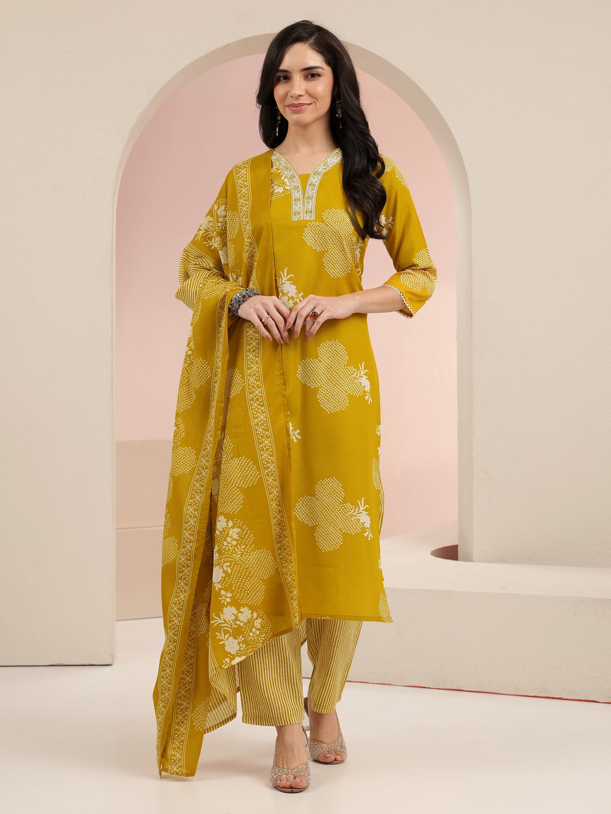 Anouk Mustard Bandhani Printed Cotton Blend Straight Suit Set