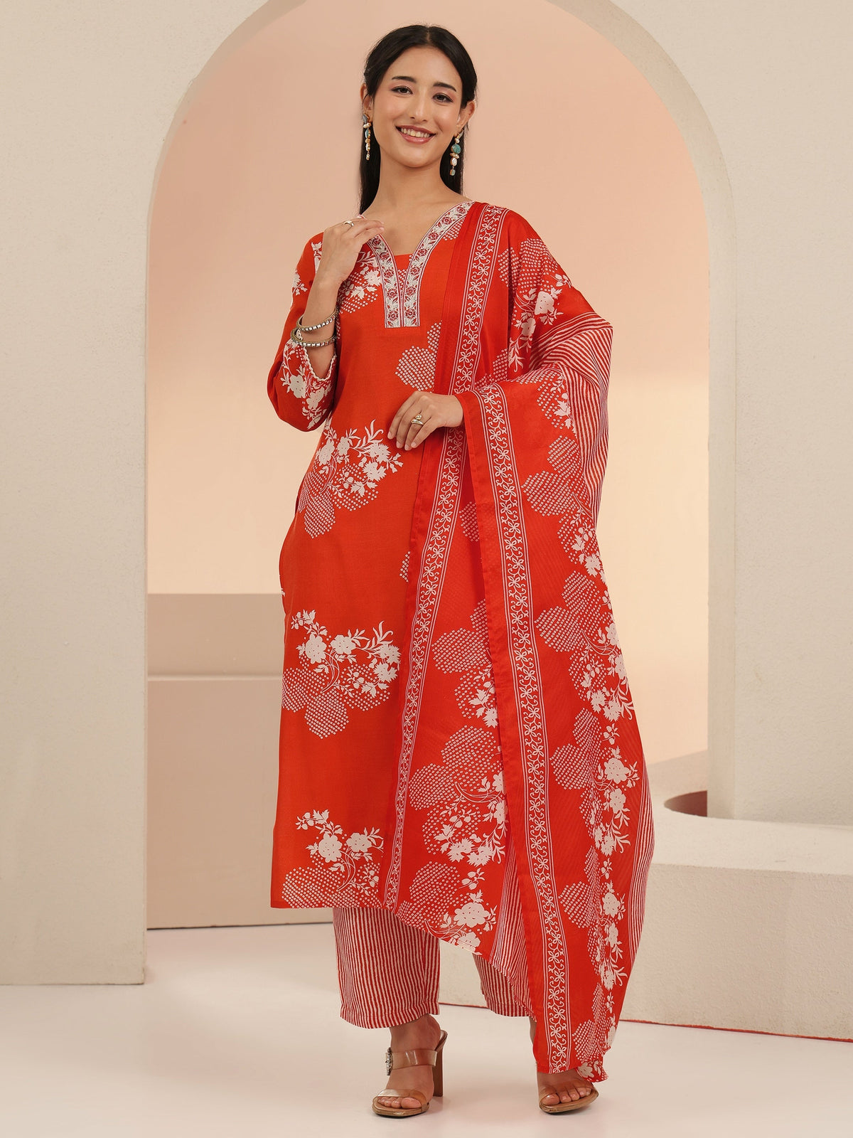 Anouk Orange Bandhani Printed Cotton Blend Straight Suit Set