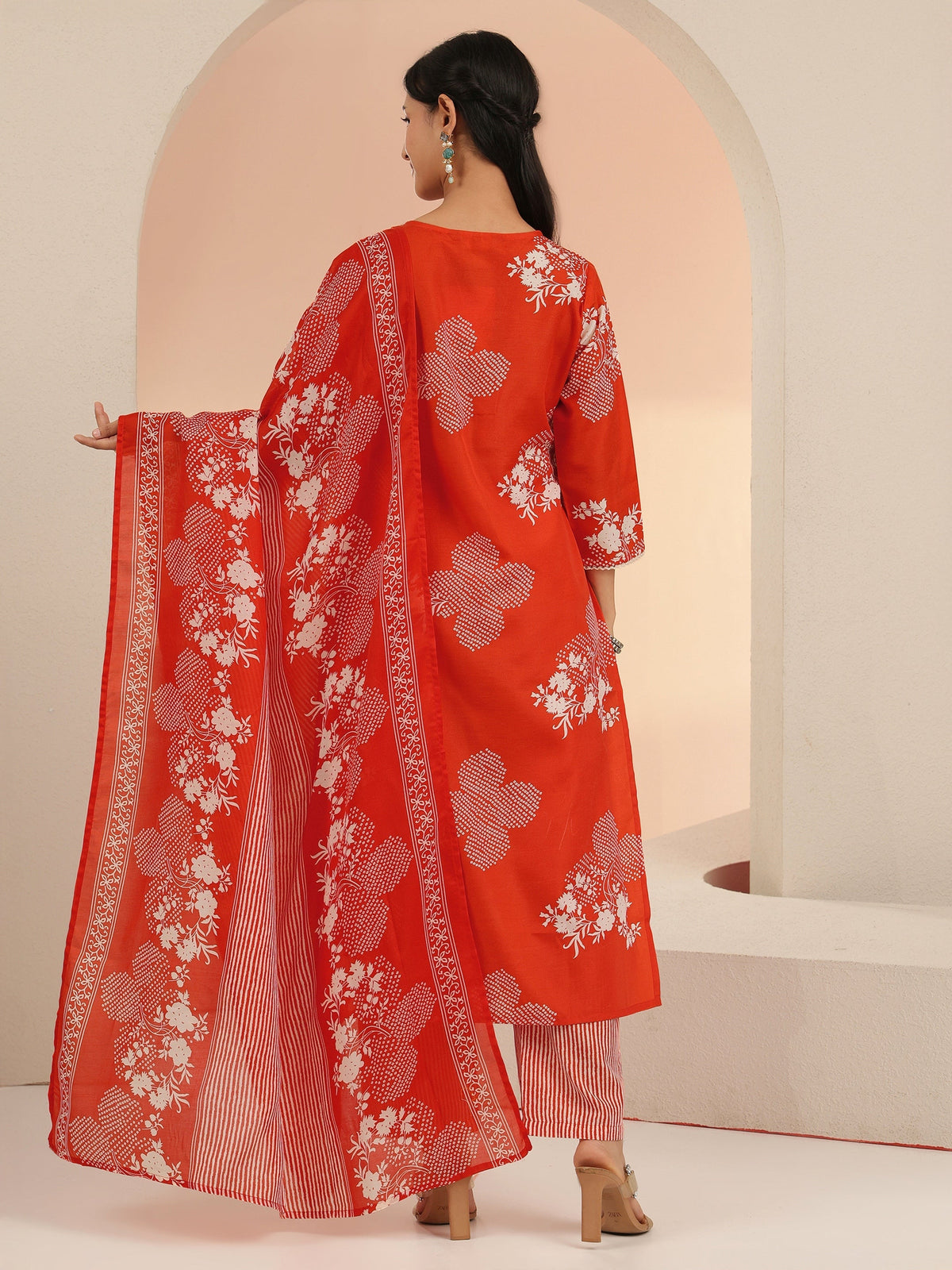 Anouk Orange Bandhani Printed Cotton Blend Straight Suit Set