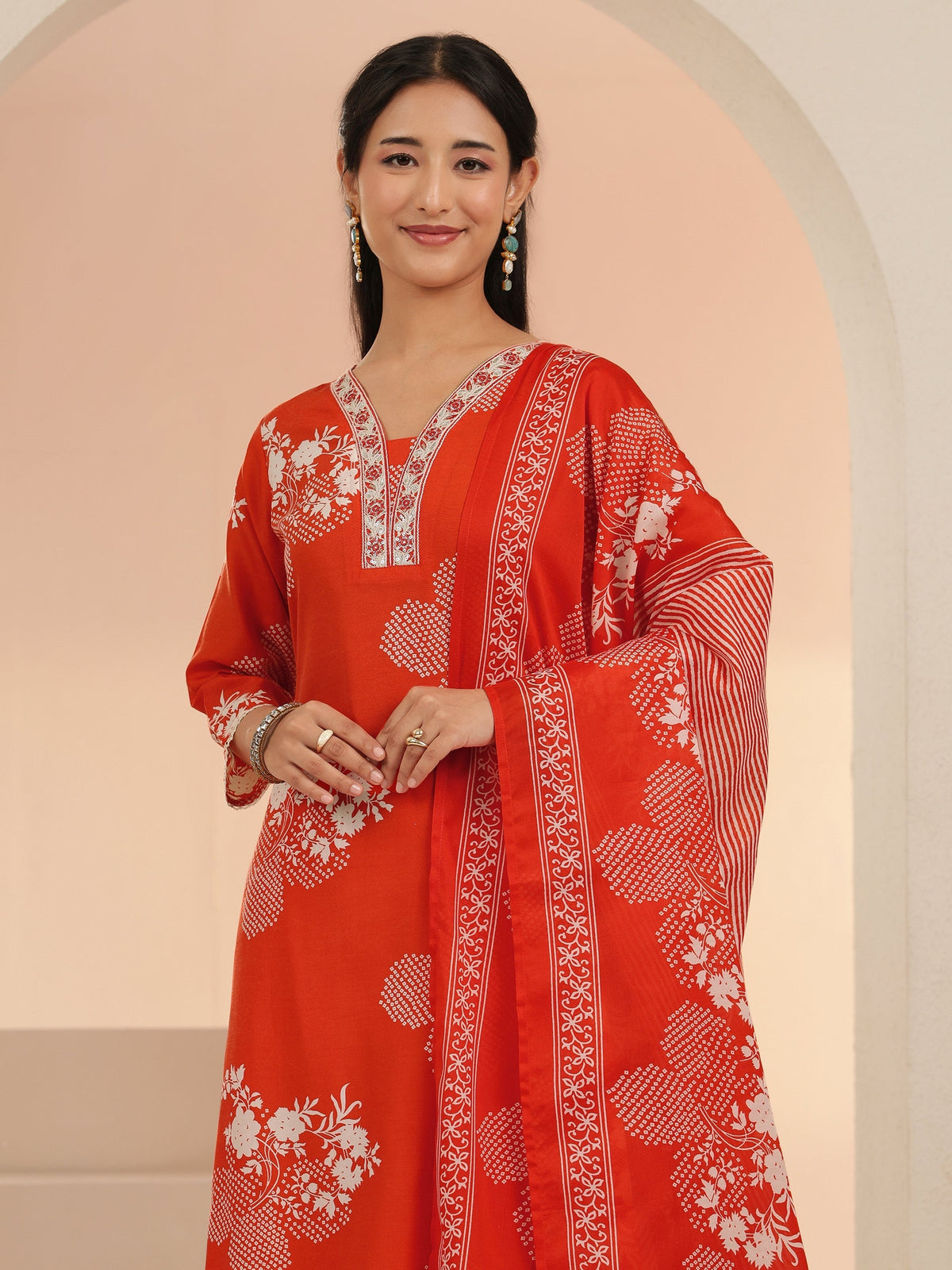 Anouk Orange Bandhani Printed Cotton Blend Straight Suit Set