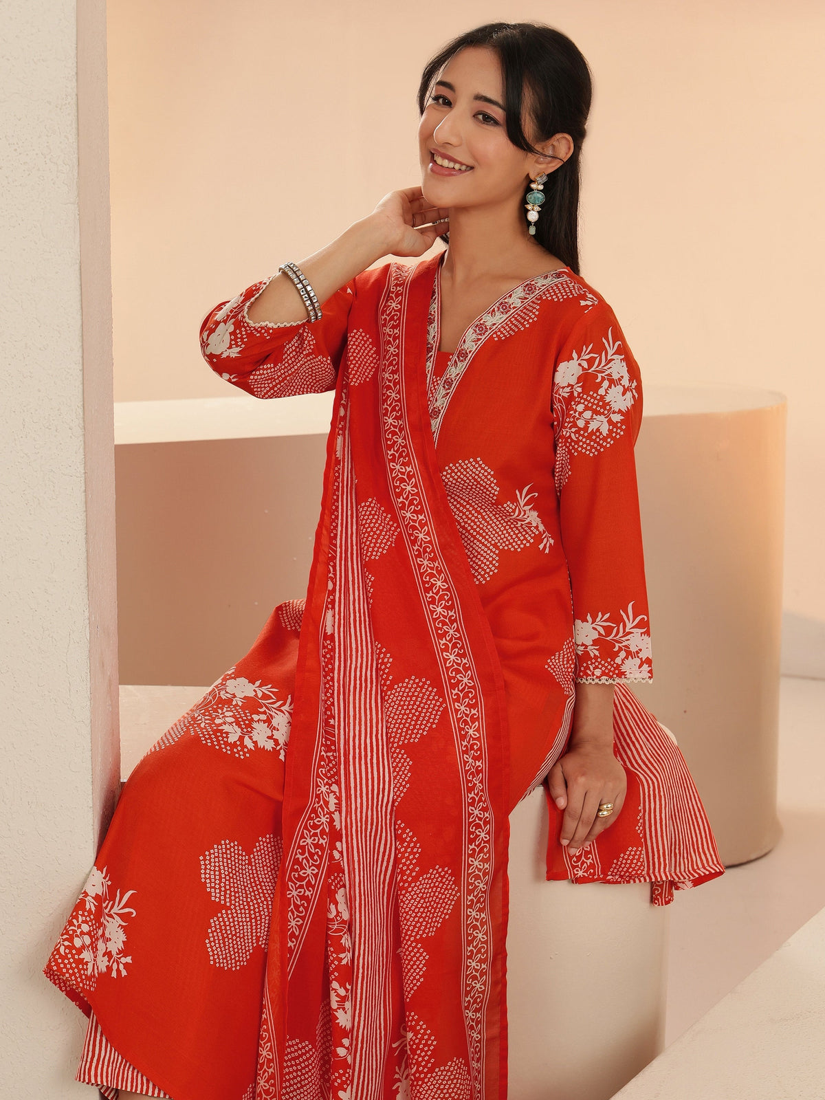 Anouk Orange Bandhani Printed Cotton Blend Straight Suit Set