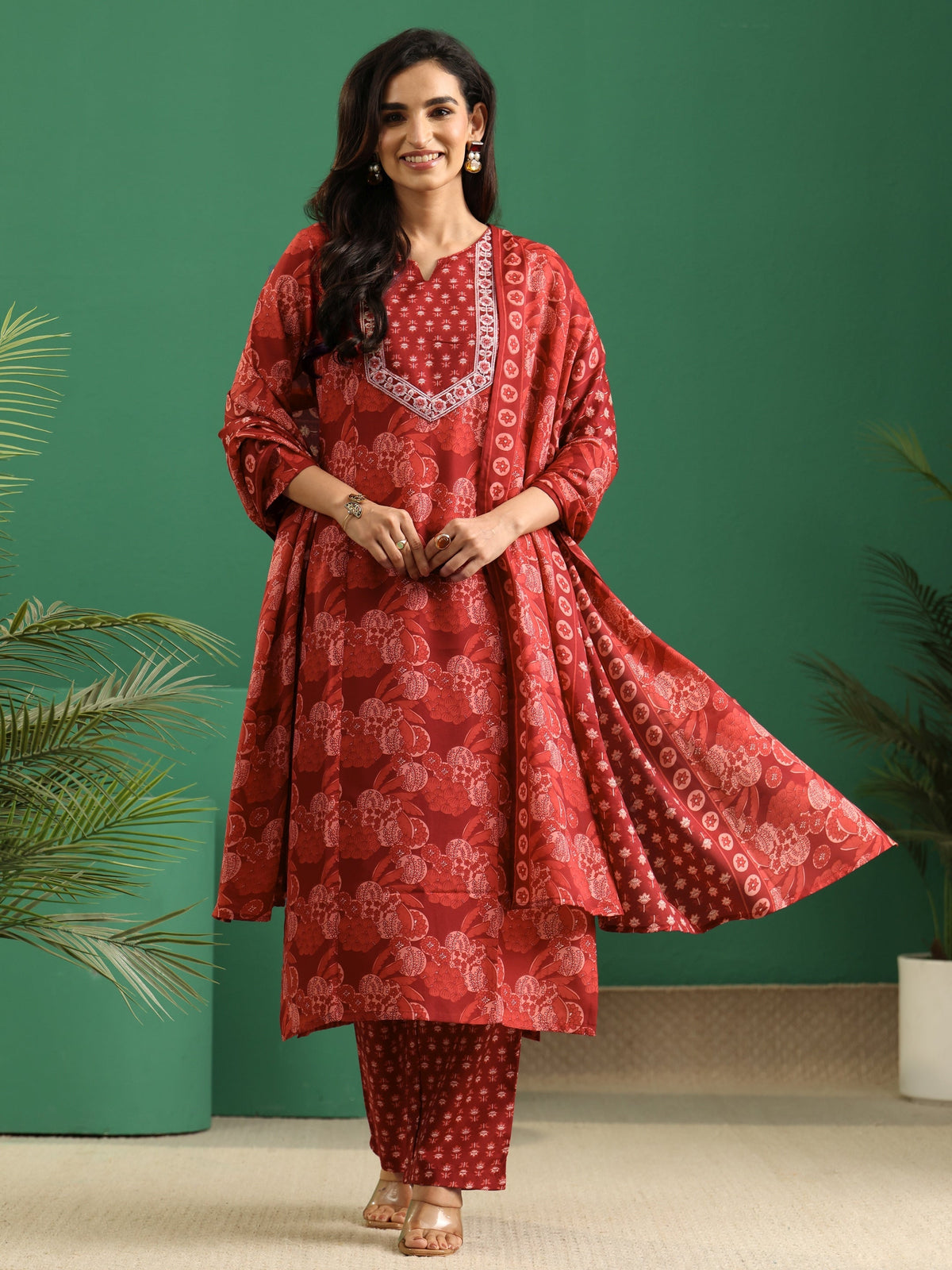 Anouk Maroon Floral Printed Cotton Blend A-Line Suit Set