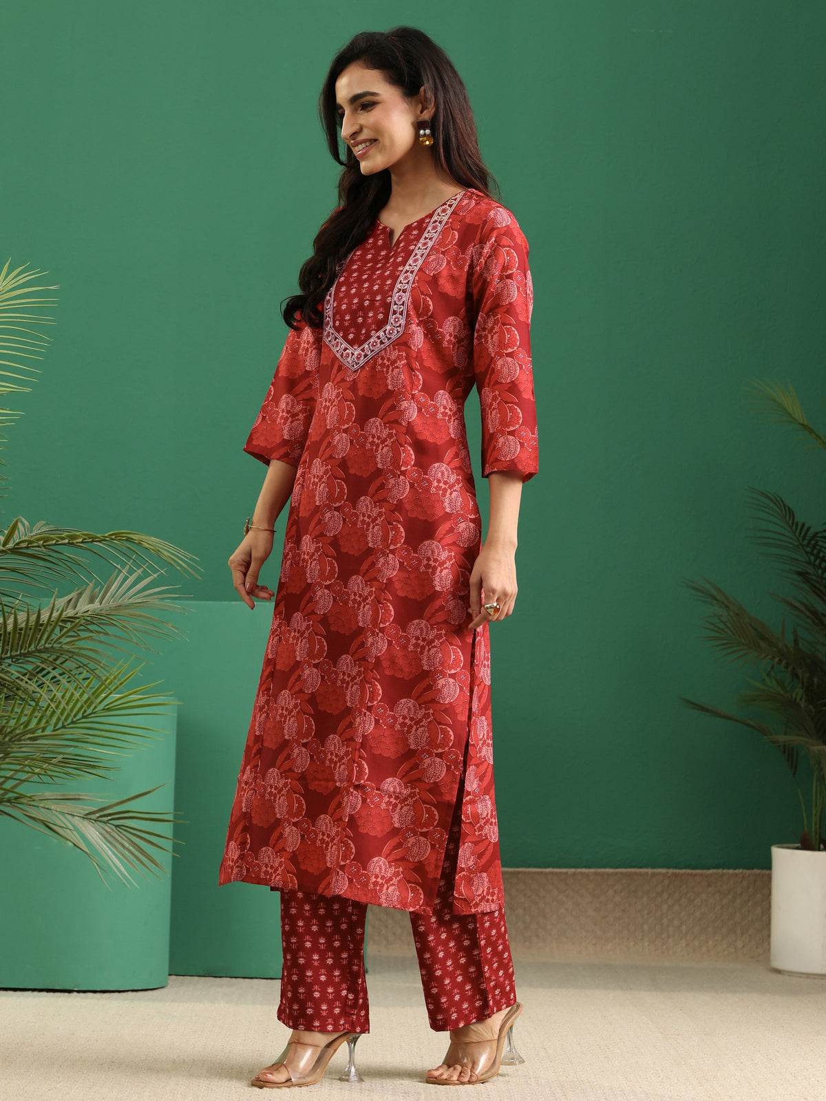 Anouk Maroon Floral Printed Cotton Blend A-Line Suit Set