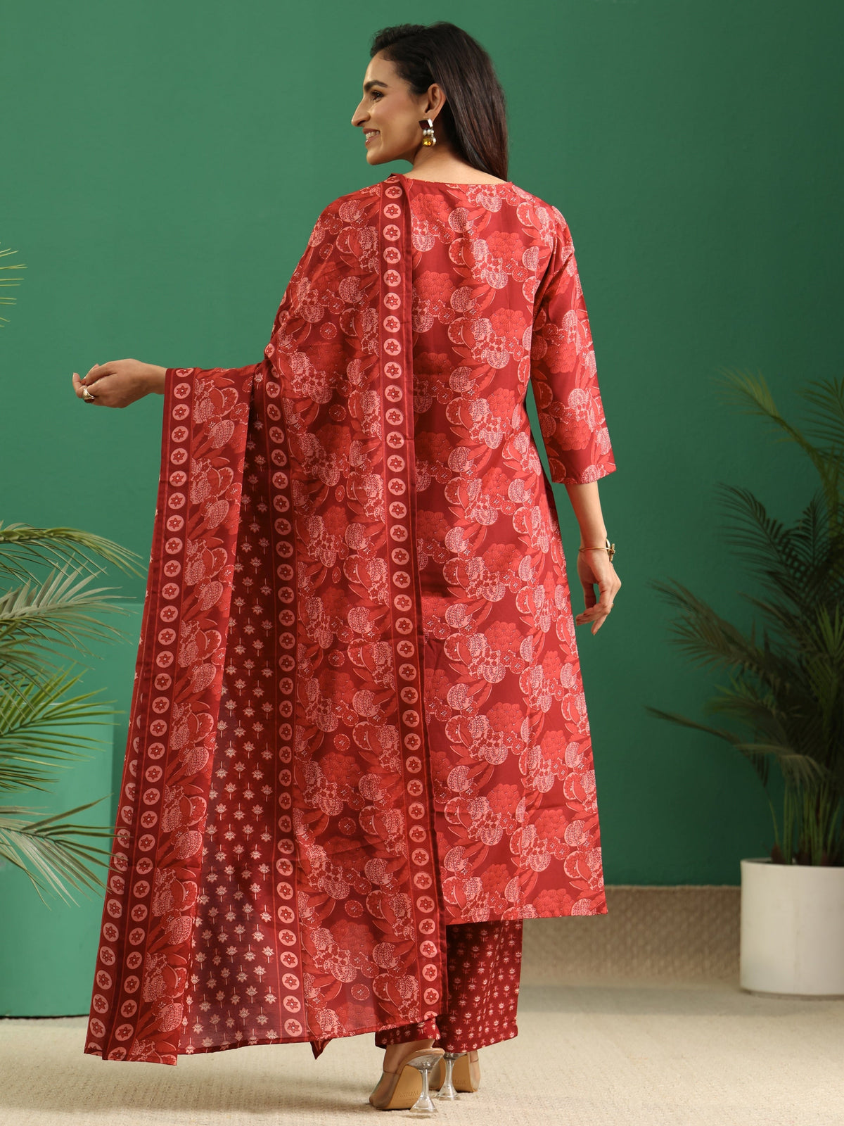 Anouk Maroon Floral Printed Cotton Blend A-Line Suit Set