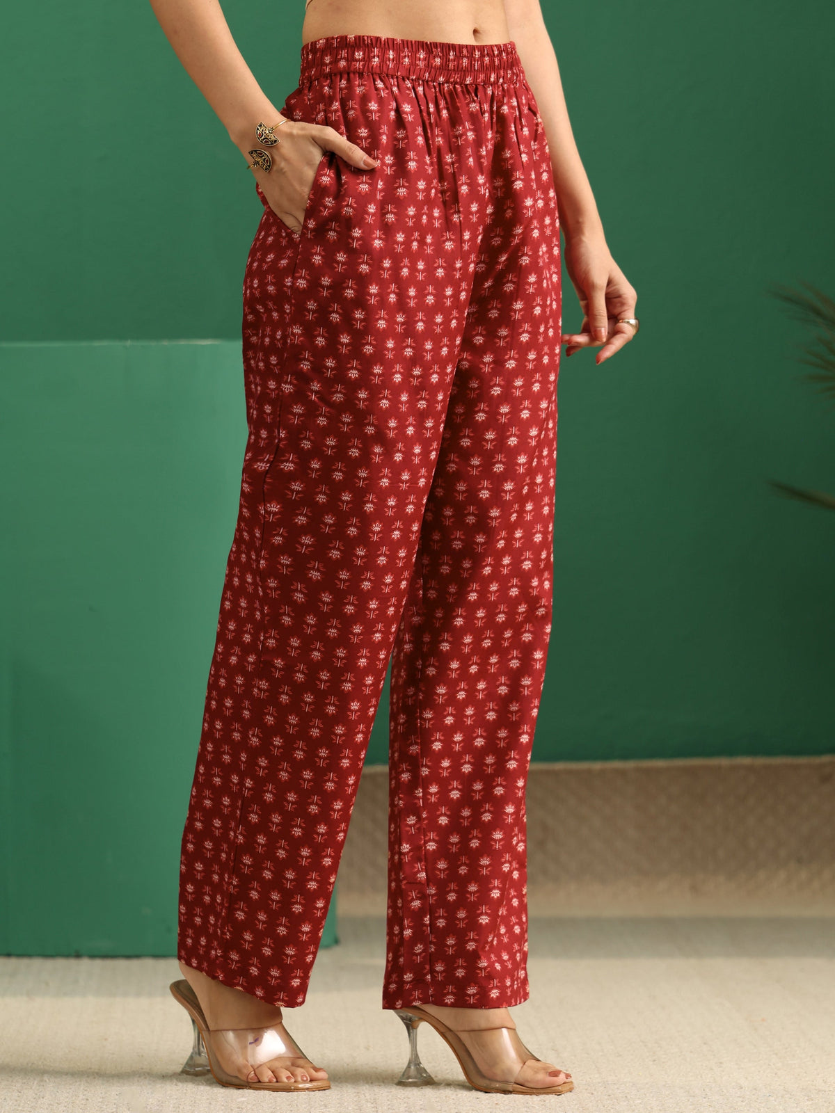Anouk Maroon Floral Printed Cotton Blend A-Line Suit Set