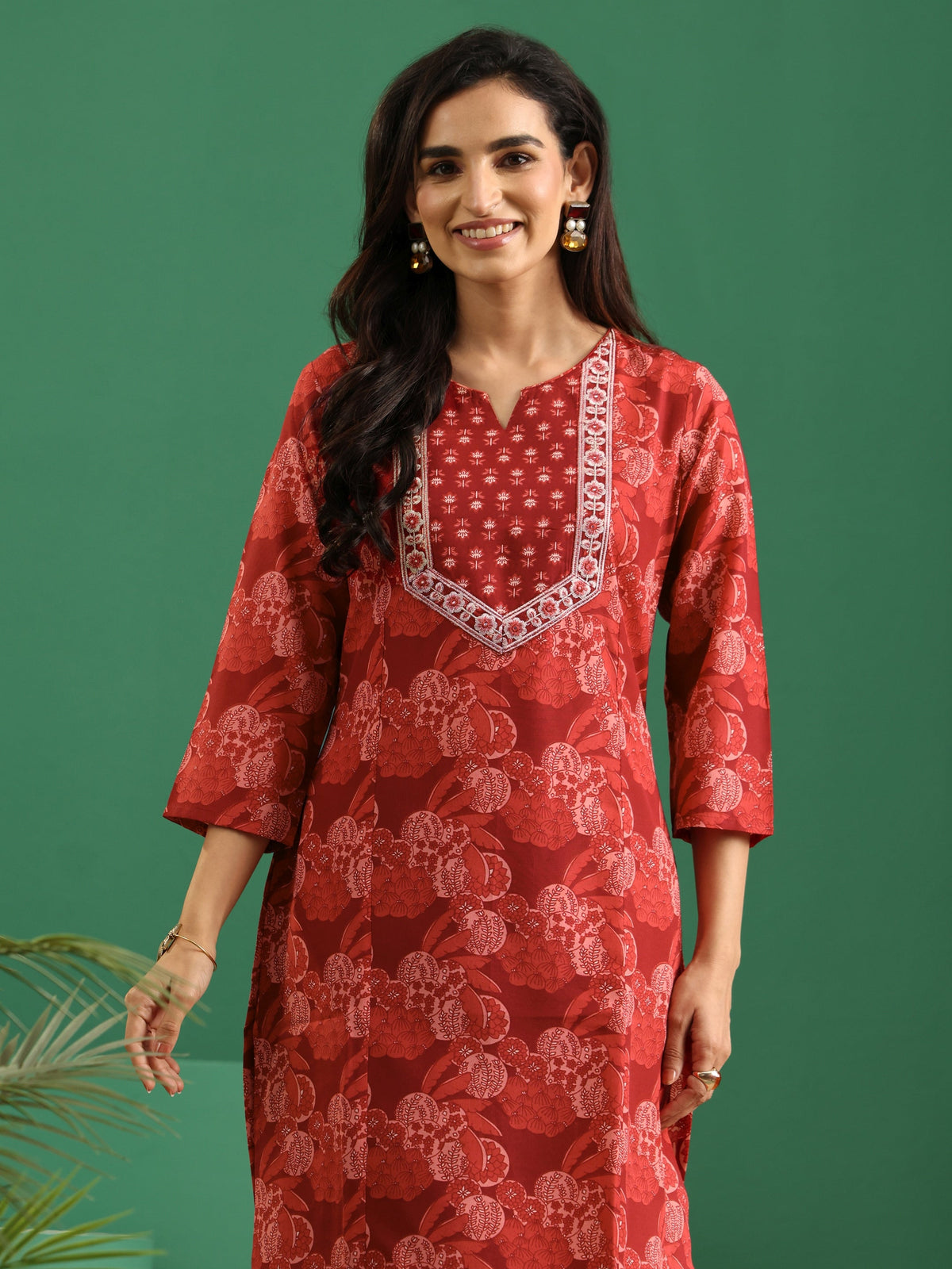 Anouk Maroon Floral Printed Cotton Blend A-Line Suit Set