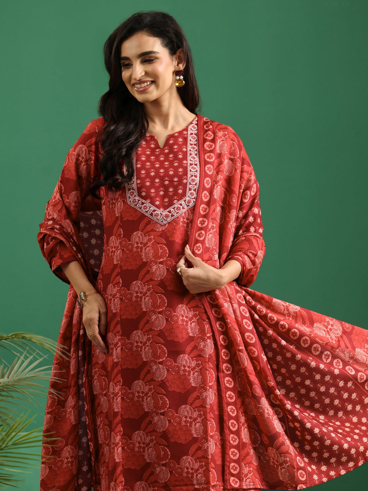 Anouk Maroon Floral Printed Cotton Blend A-Line Suit Set