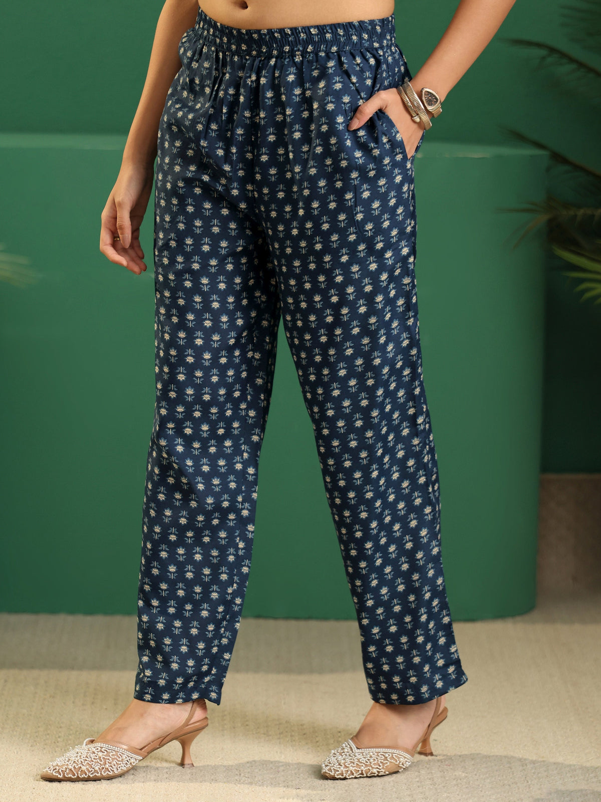 Anouk Blue Floral Printed Cotton Blend A-Line Suit Set