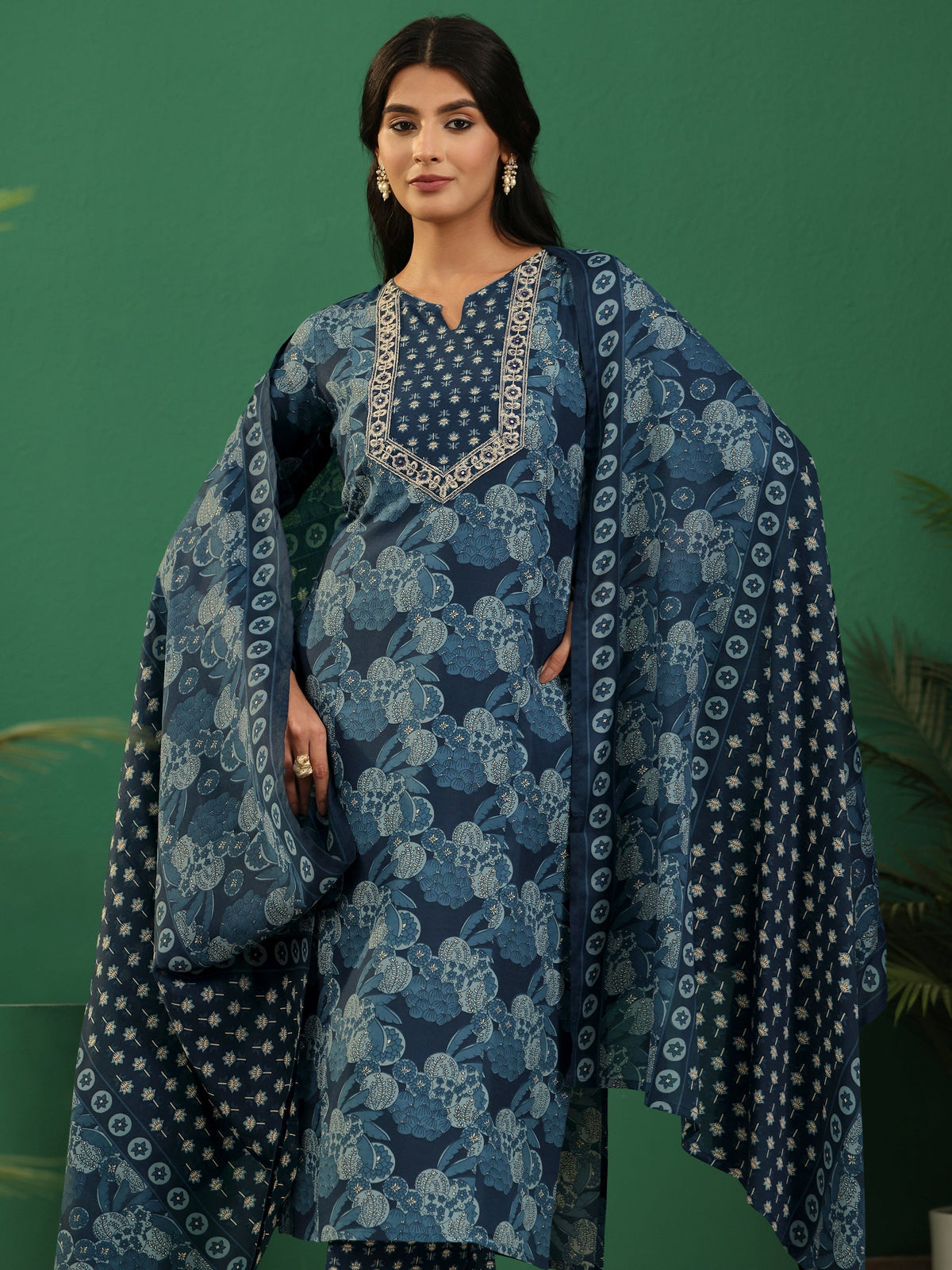 Anouk Blue Floral Printed Cotton Blend A-Line Suit Set