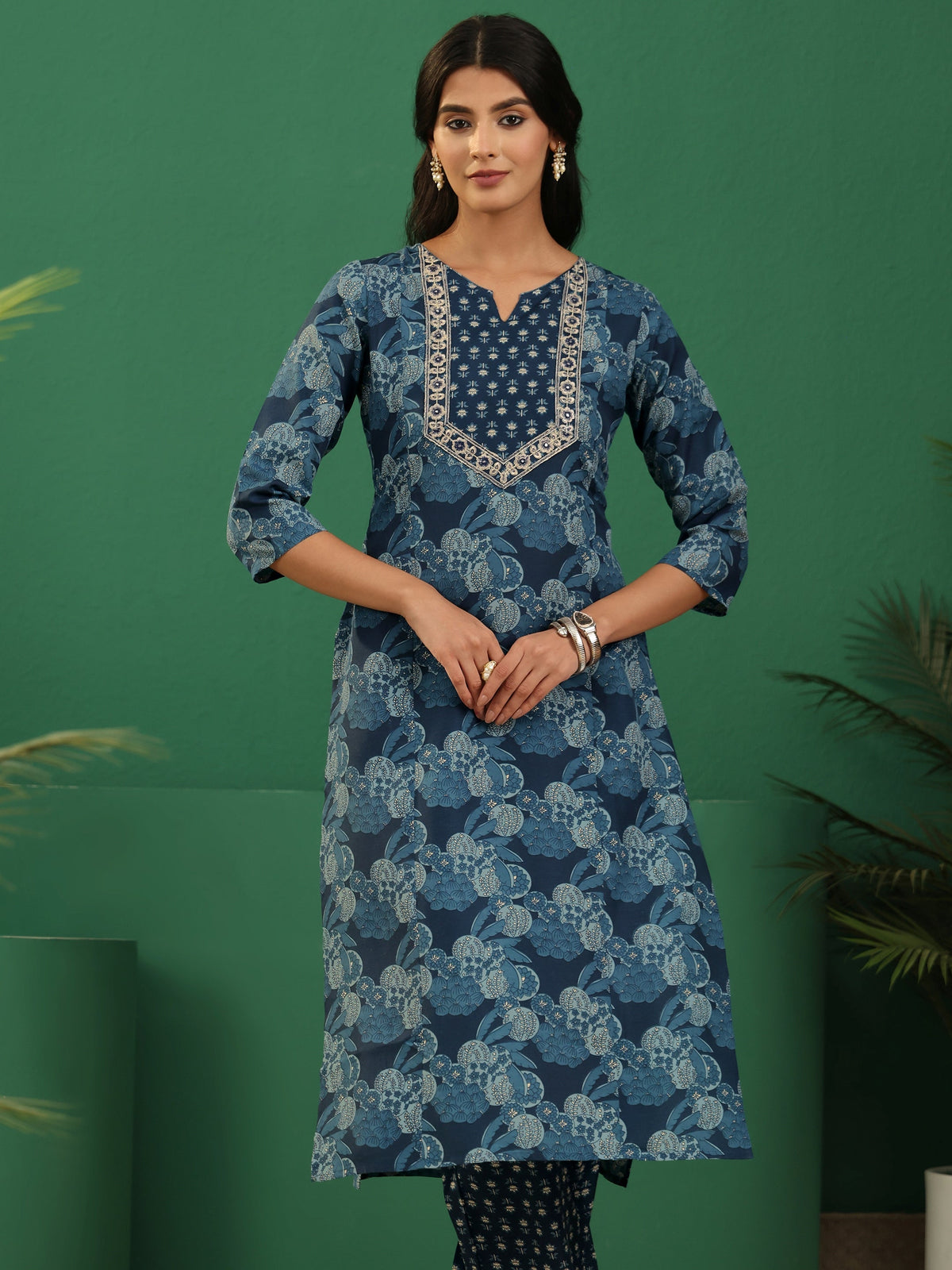 Anouk Blue Floral Printed Cotton Blend A-Line Suit Set