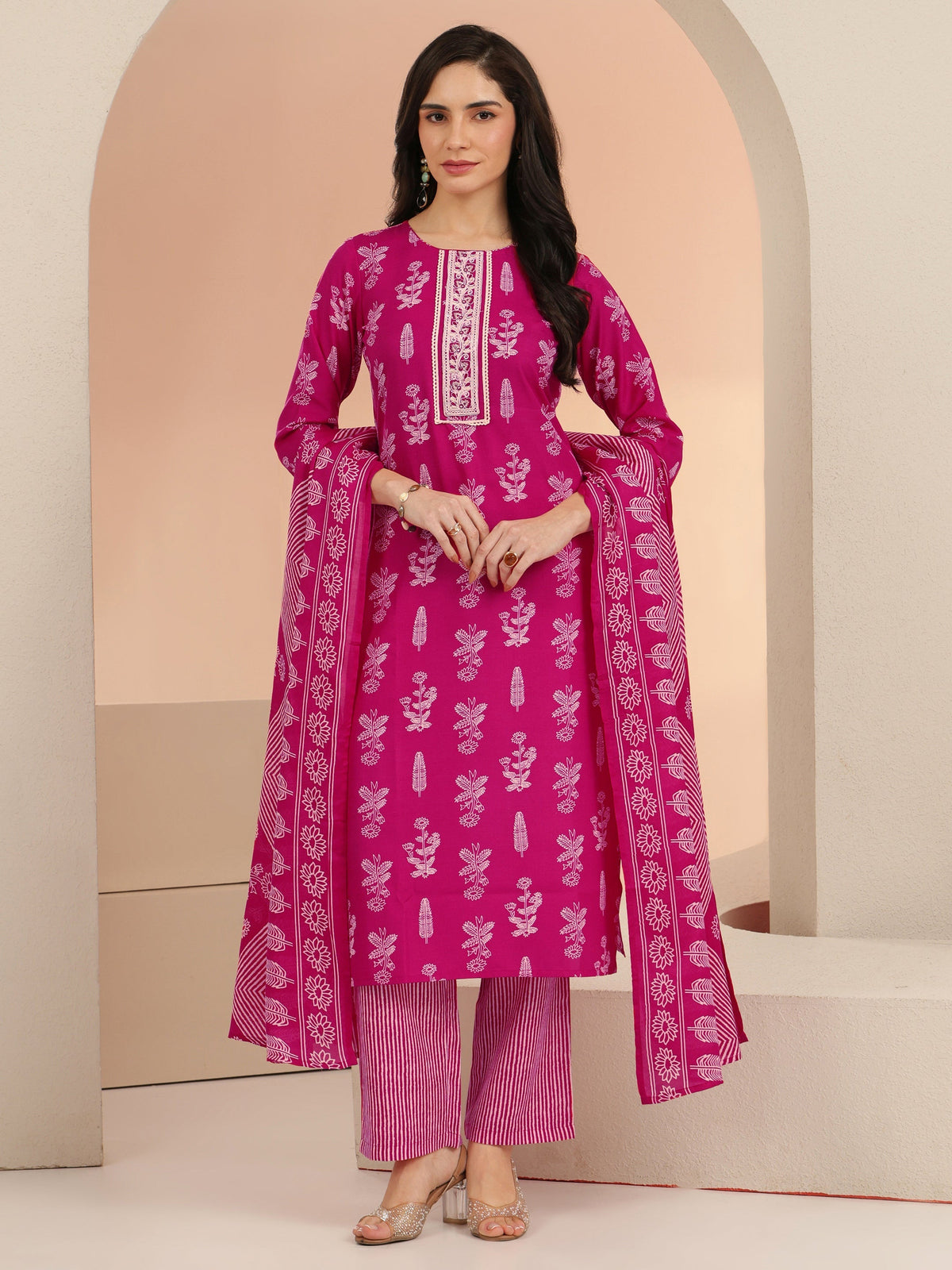 Anouk Rani Pink Floral Printed Cotton Blend Straight Suit Set