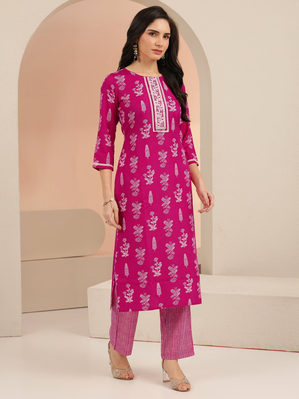 Anouk Rani Pink Floral Printed Cotton Blend Straight Suit Set