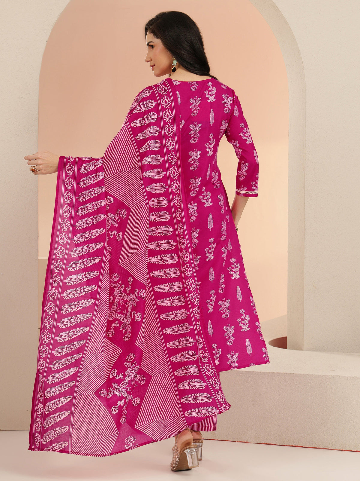 Anouk Rani Pink Floral Printed Cotton Blend Straight Suit Set