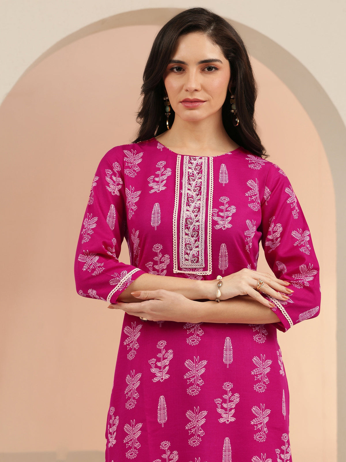 Anouk Rani Pink Floral Printed Cotton Blend Straight Suit Set