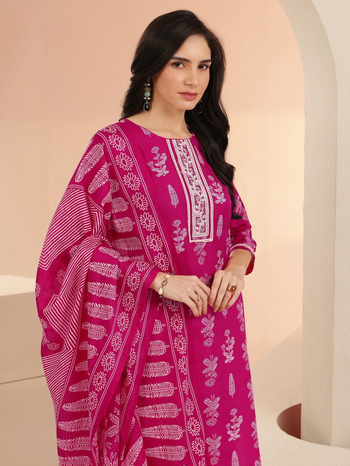 Anouk Rani Pink Floral Printed Cotton Blend Straight Suit Set