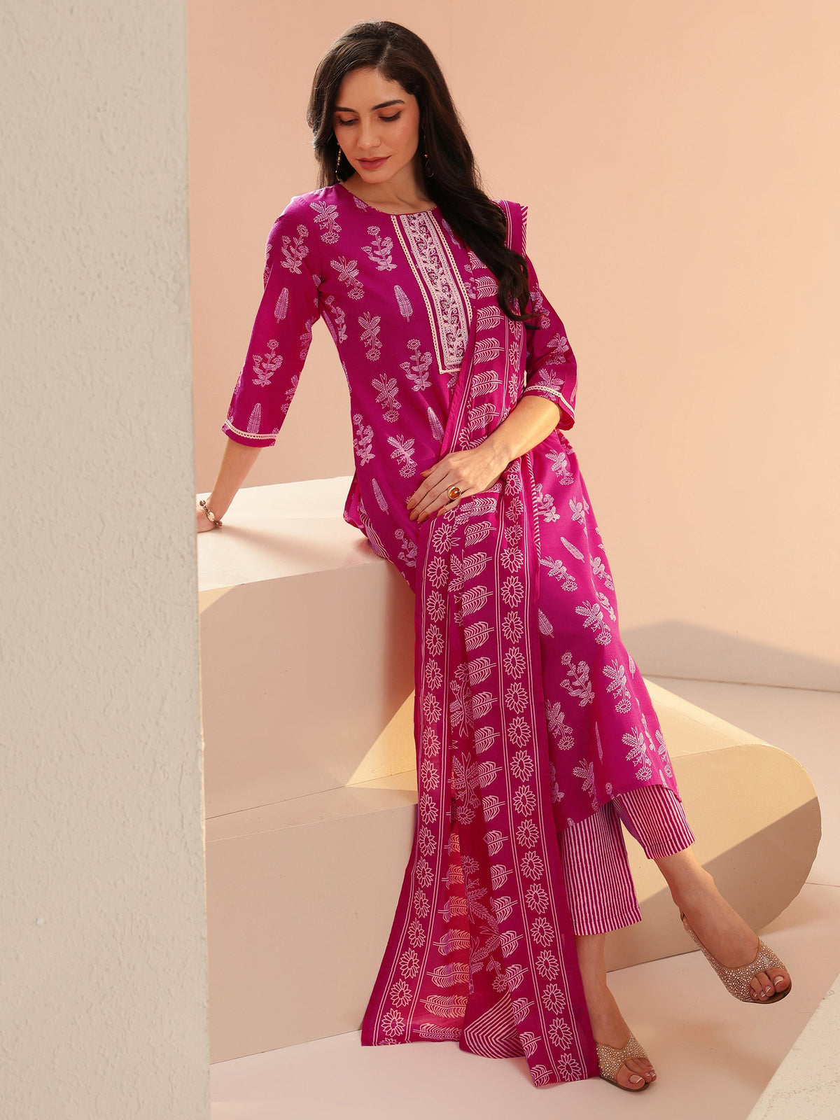 Anouk Rani Pink Floral Printed Cotton Blend Straight Suit Set