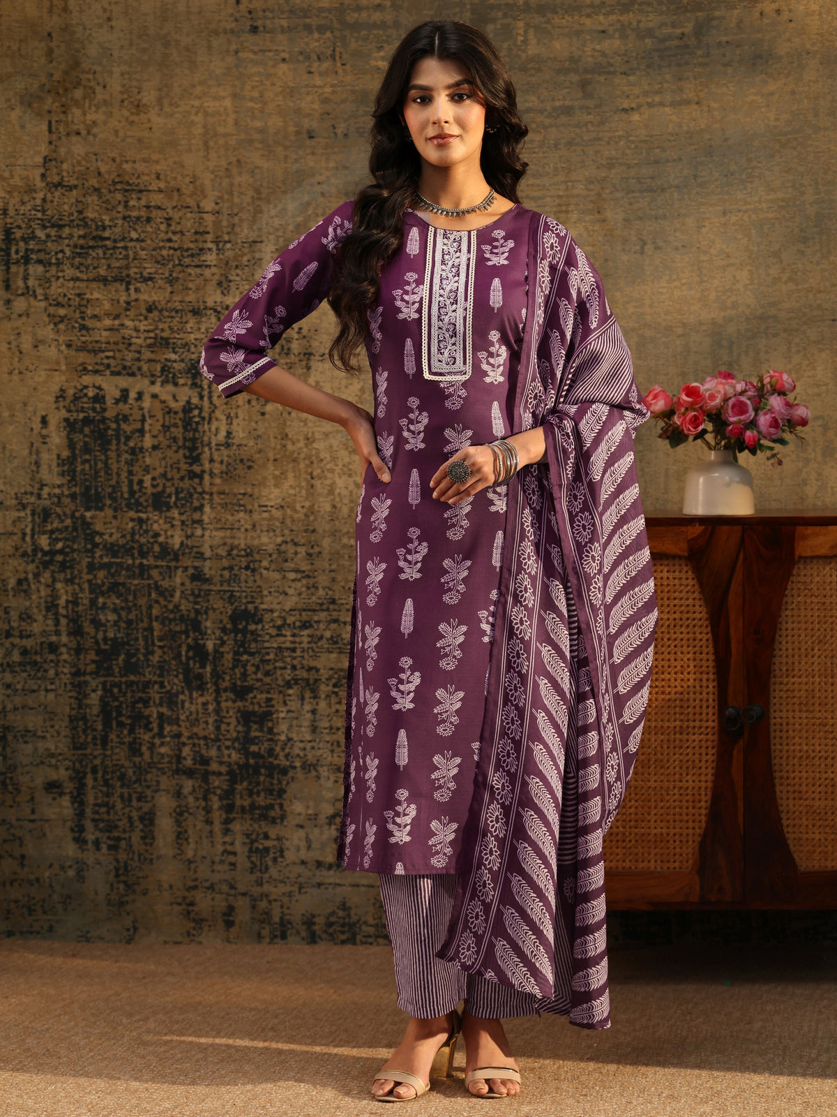 Anouk Burgundy Floral Printed Cotton Blend Straight Suit Set
