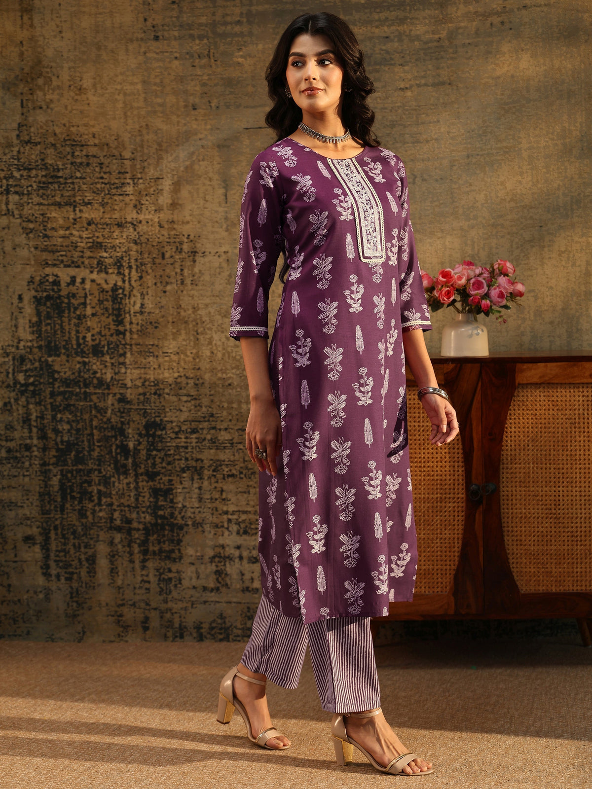 Anouk Burgundy Floral Printed Cotton Blend Straight Suit Set