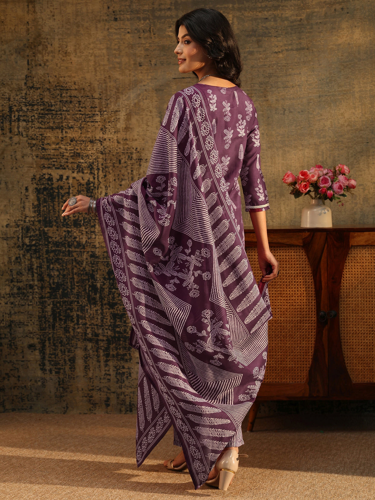 Anouk Burgundy Floral Printed Cotton Blend Straight Suit Set