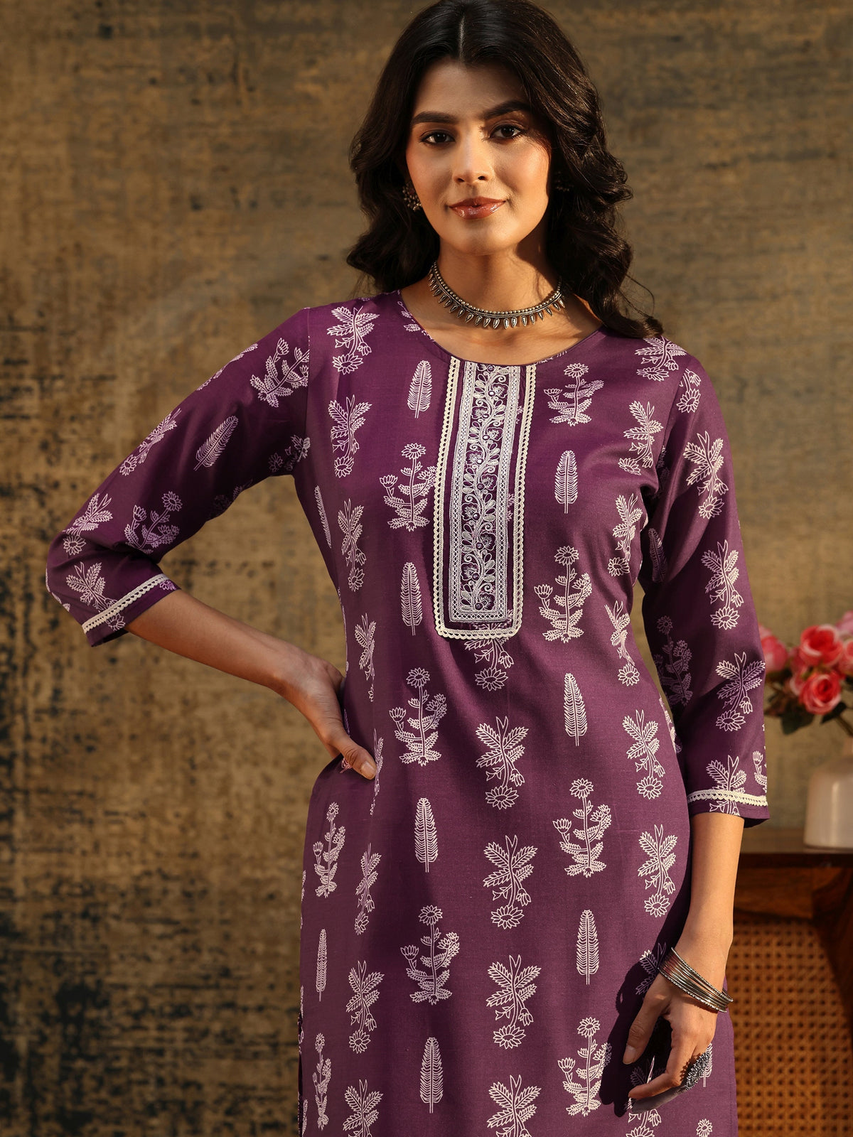 Anouk Burgundy Floral Printed Cotton Blend Straight Suit Set