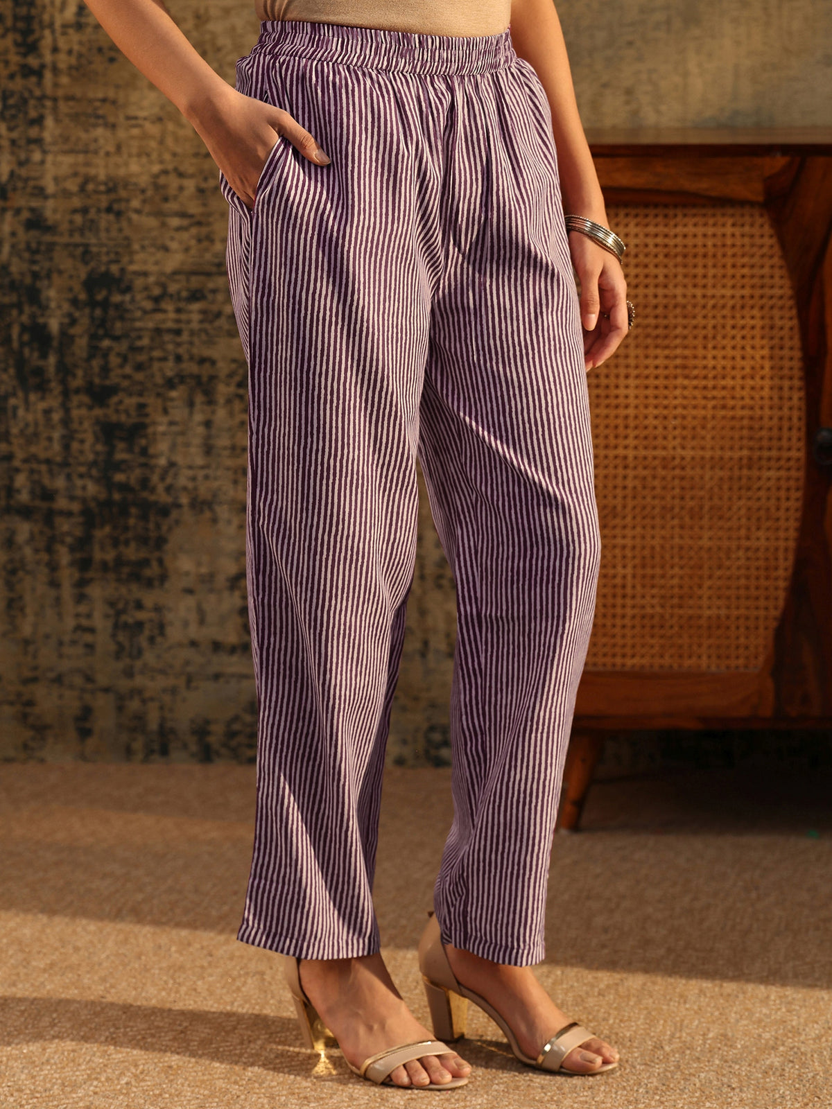 Anouk Burgundy Floral Printed Cotton Blend Straight Suit Set