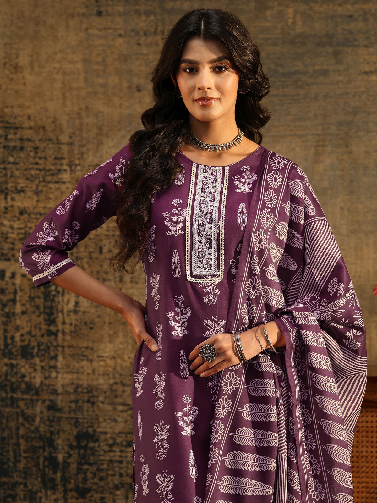 Anouk Burgundy Floral Printed Cotton Blend Straight Suit Set