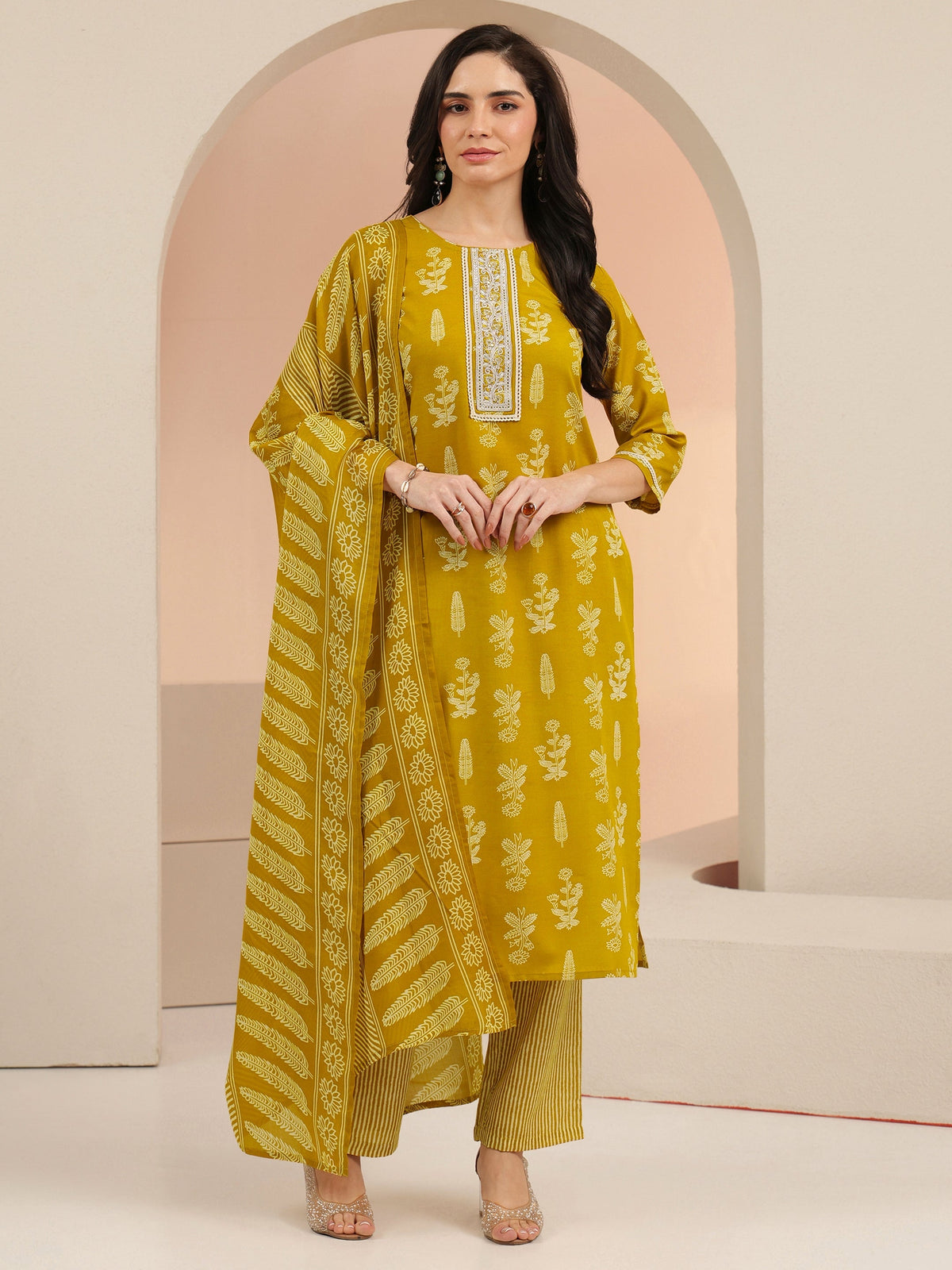 Anouk Mustard Floral Printed Cotton Blend Straight Suit Set