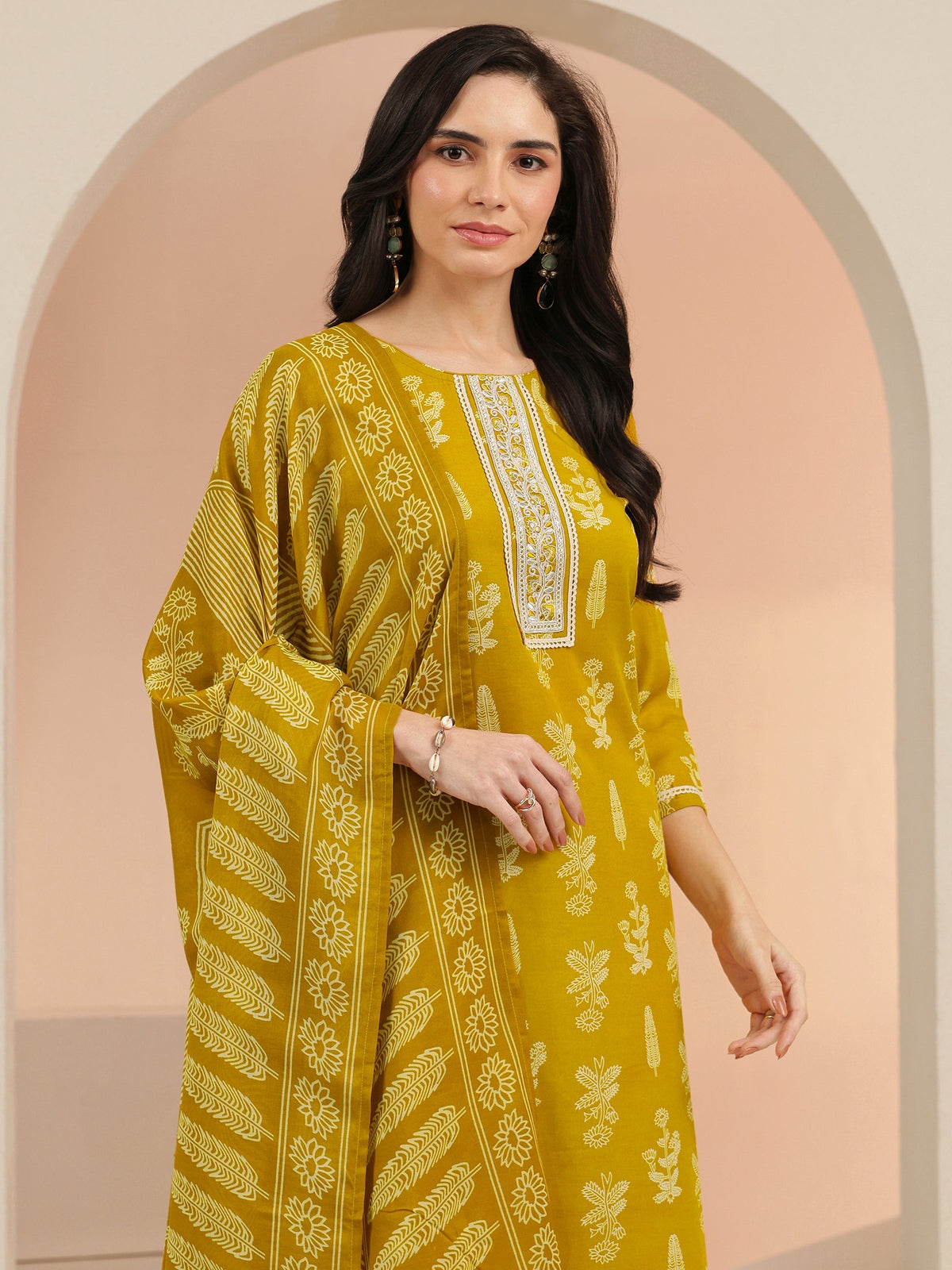 Anouk Mustard Floral Printed Cotton Blend Straight Suit Set