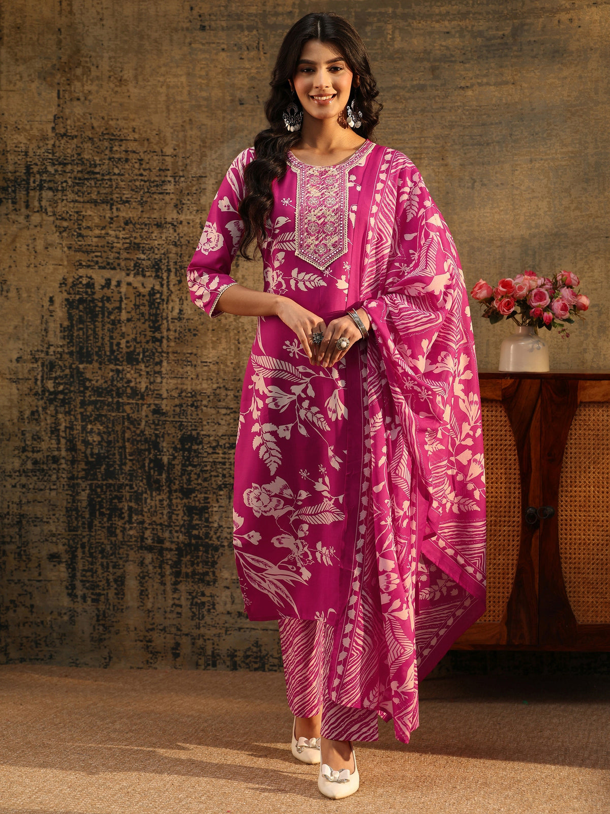 Anouk Rani Pink Floral Printed Cotton Blend Straight Suit Set
