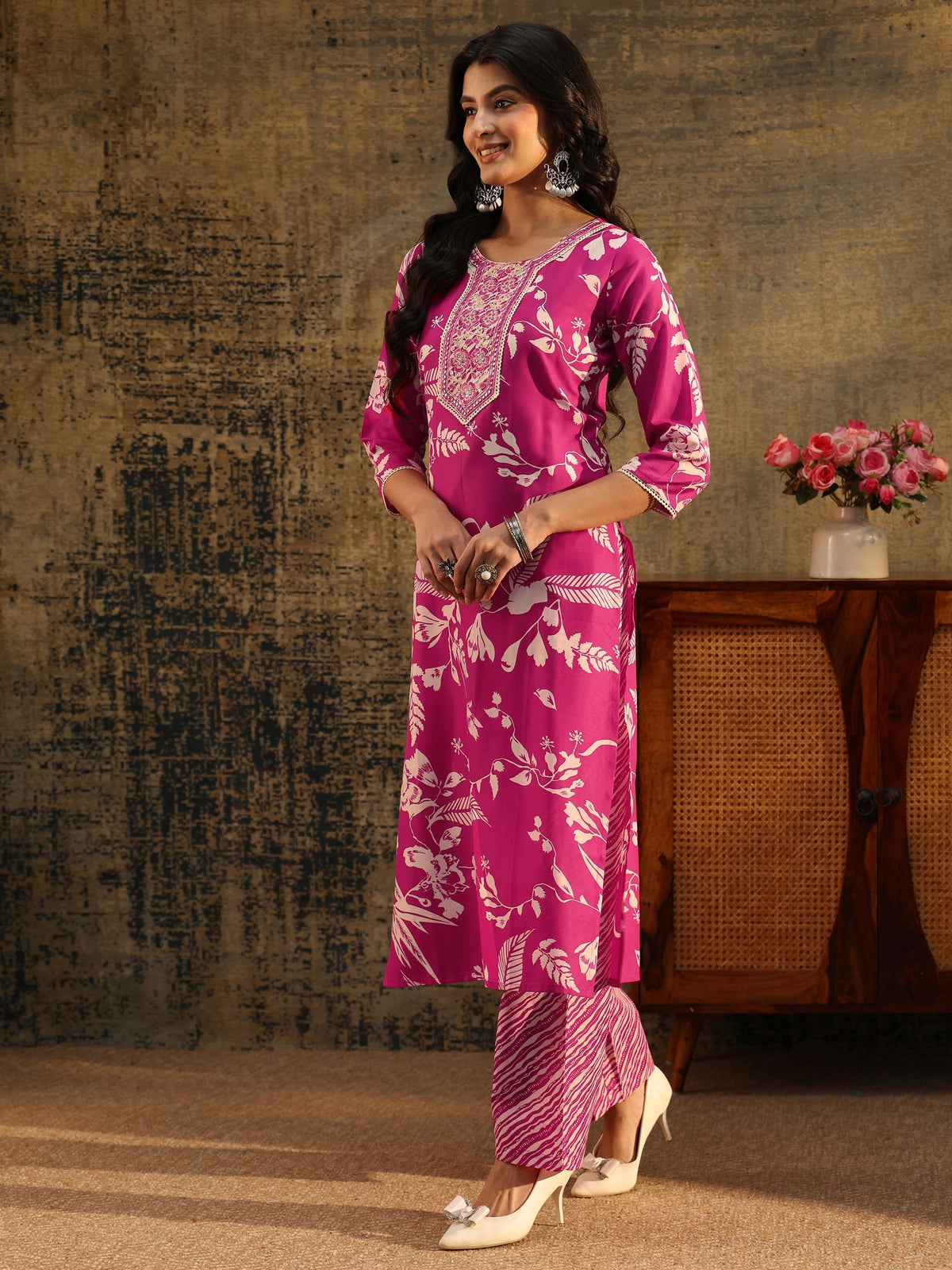 Anouk Rani Pink Floral Printed Cotton Blend Straight Suit Set