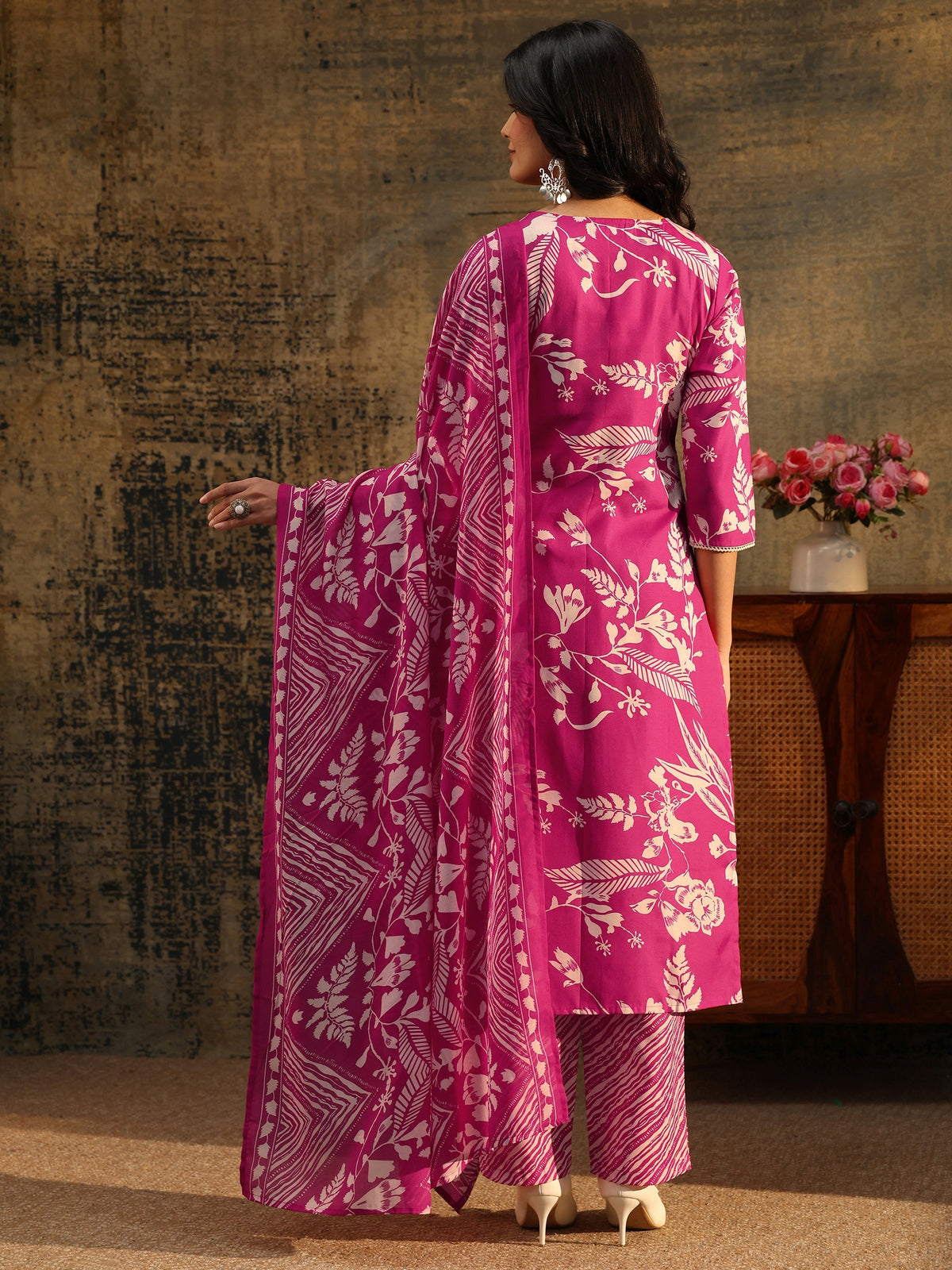 Anouk Rani Pink Floral Printed Cotton Blend Straight Suit Set