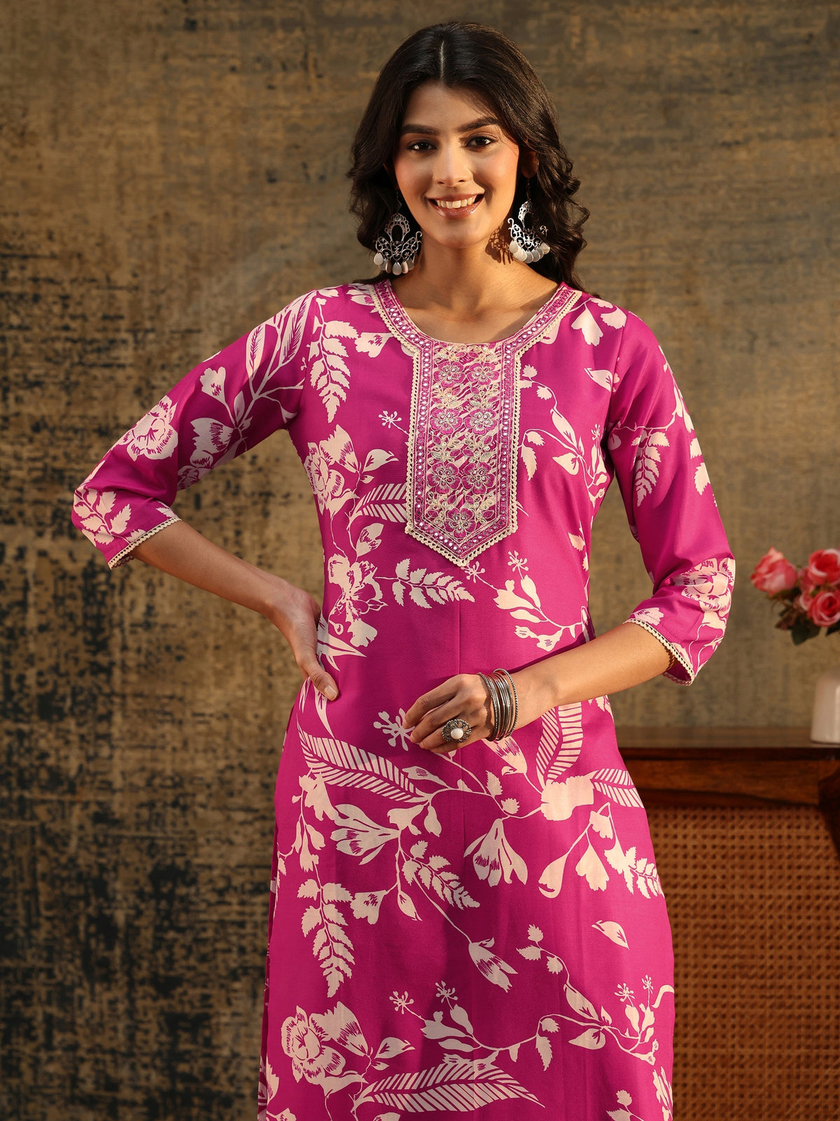 Anouk Rani Pink Floral Printed Cotton Blend Straight Suit Set